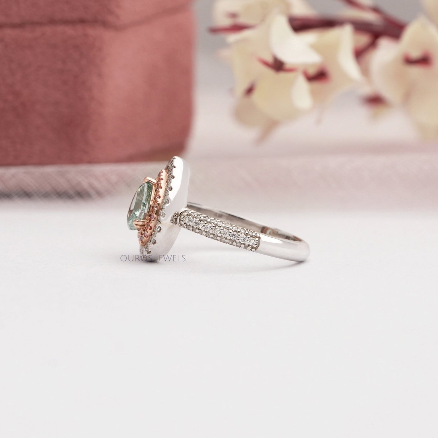 Green Pear Cut Double Halo Ring