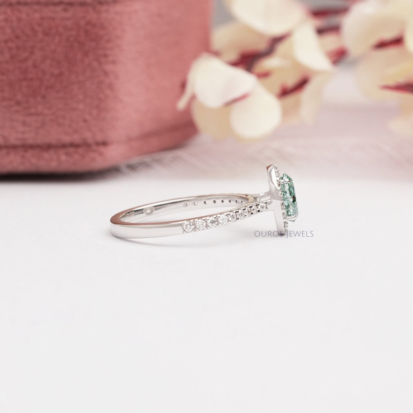 Green Oval Cut Halo With Accent Diamond Ring
