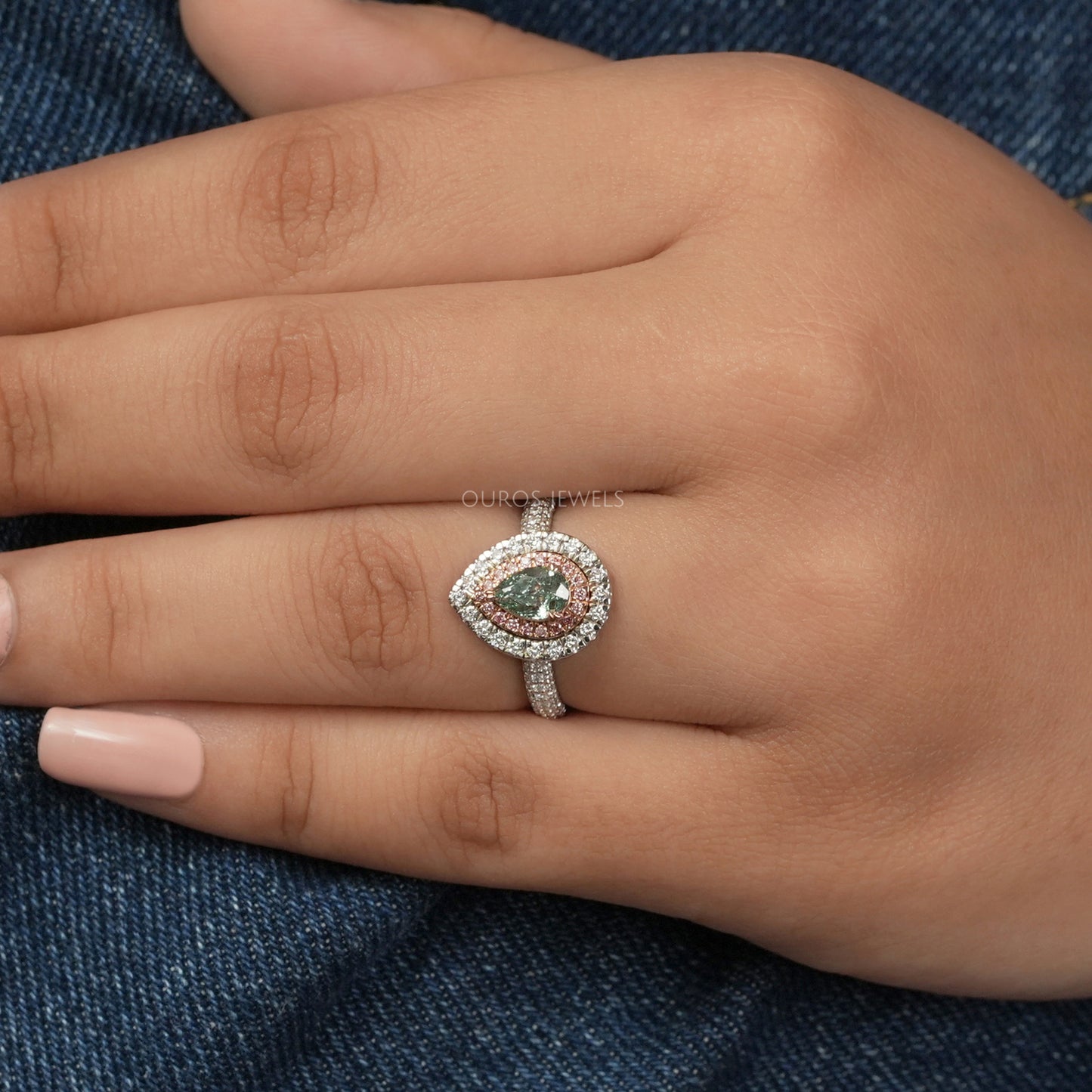 Green Pear Cut Double Halo Ring