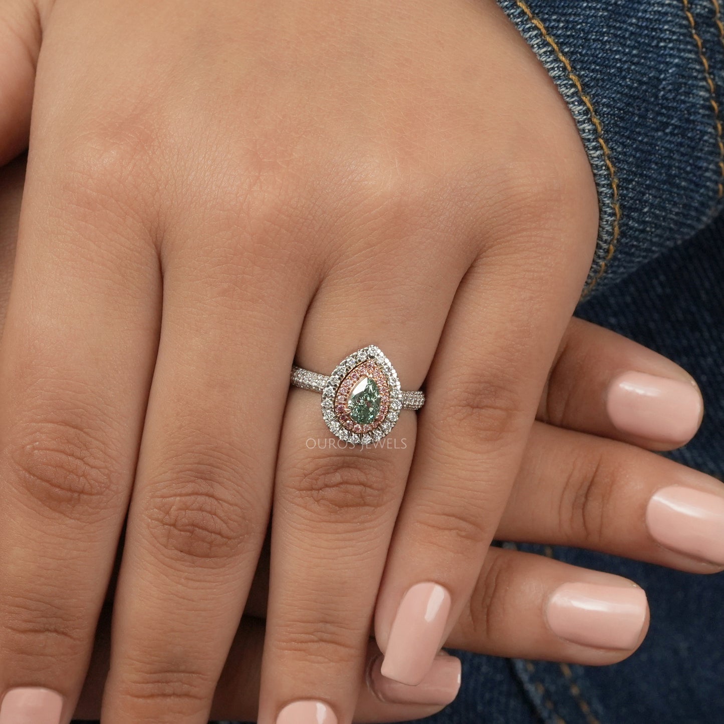 Green Pear Cut Double Halo Ring