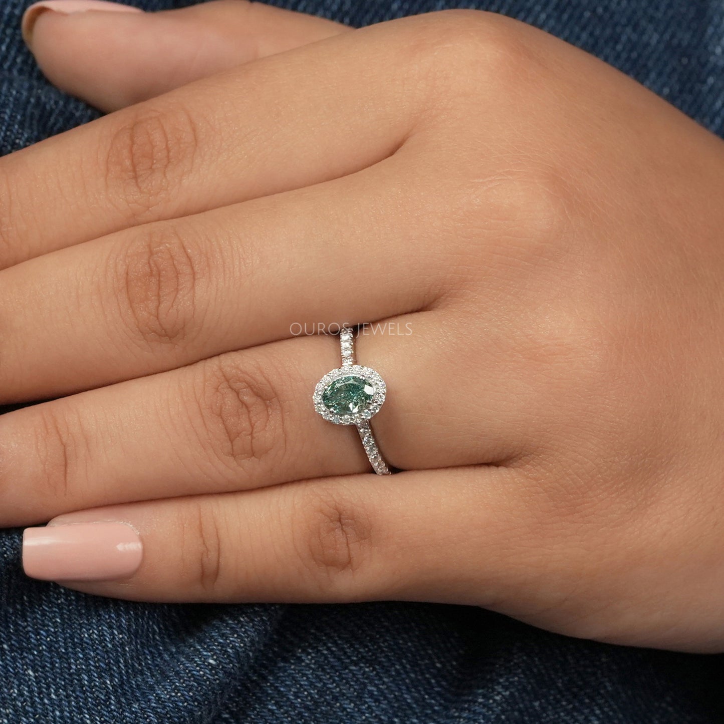 Green Oval Cut Halo With Accent Diamond Ring