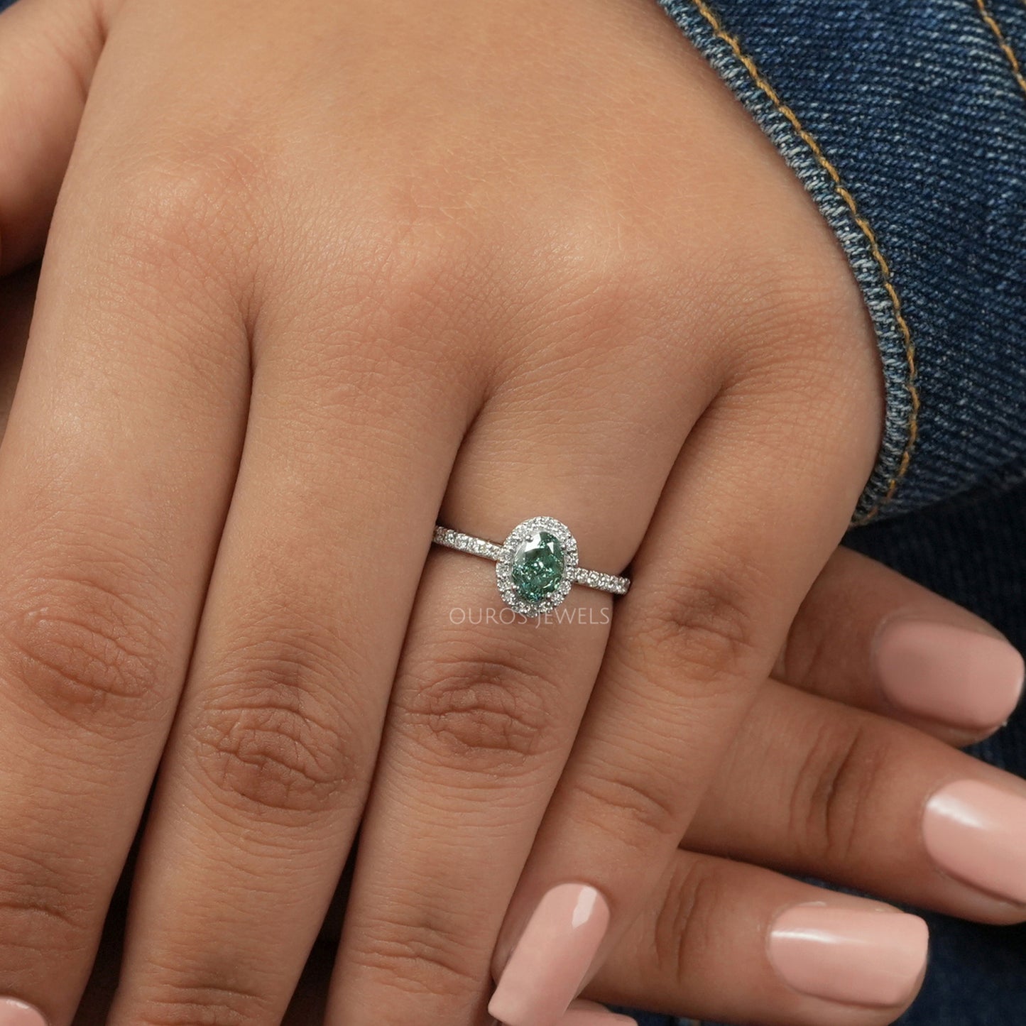 Green Oval Cut Halo With Accent Diamond Ring