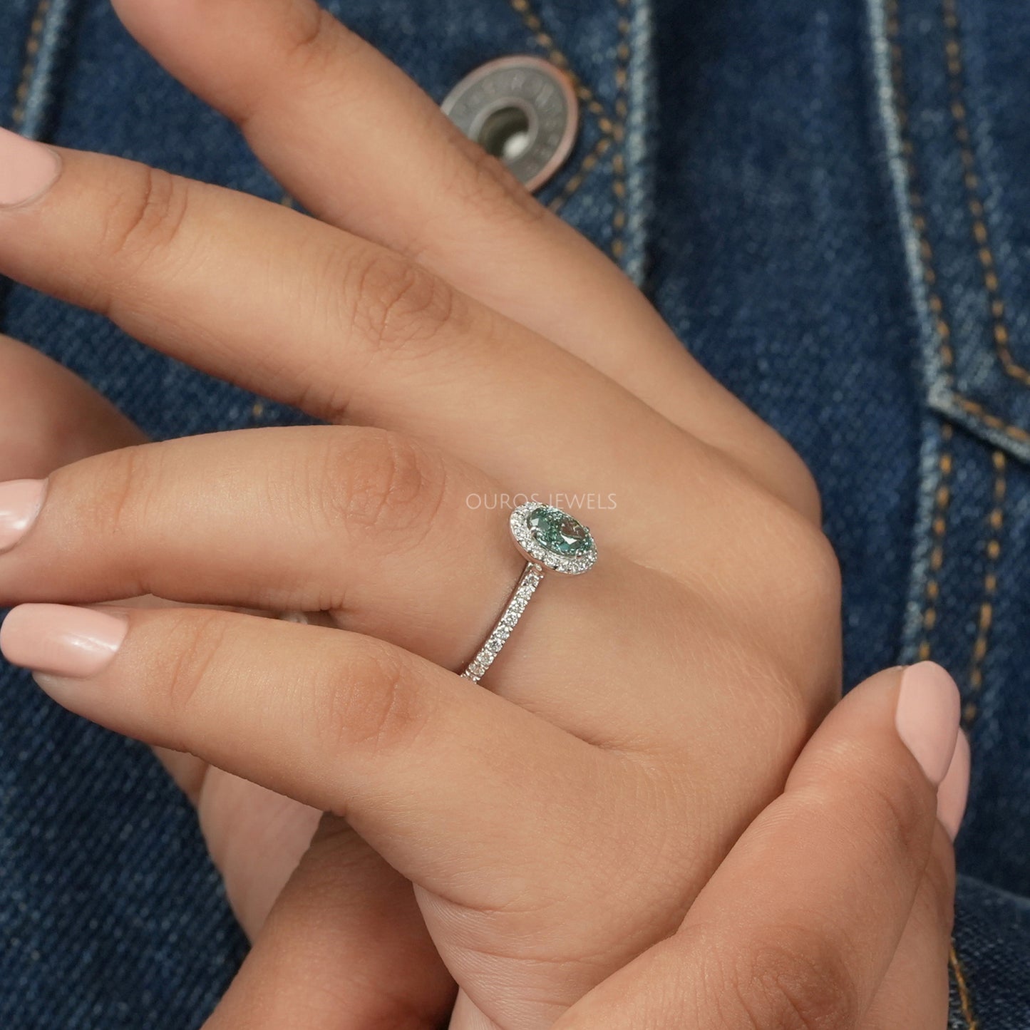 Green Oval Cut Halo With Accent Diamond Ring