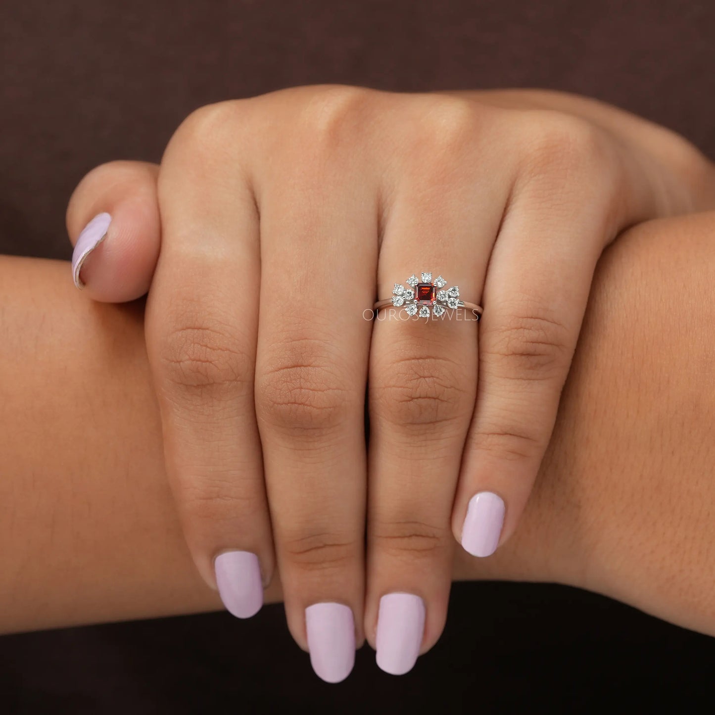 Red Ascher Cut Lab Diamond Halo Ring