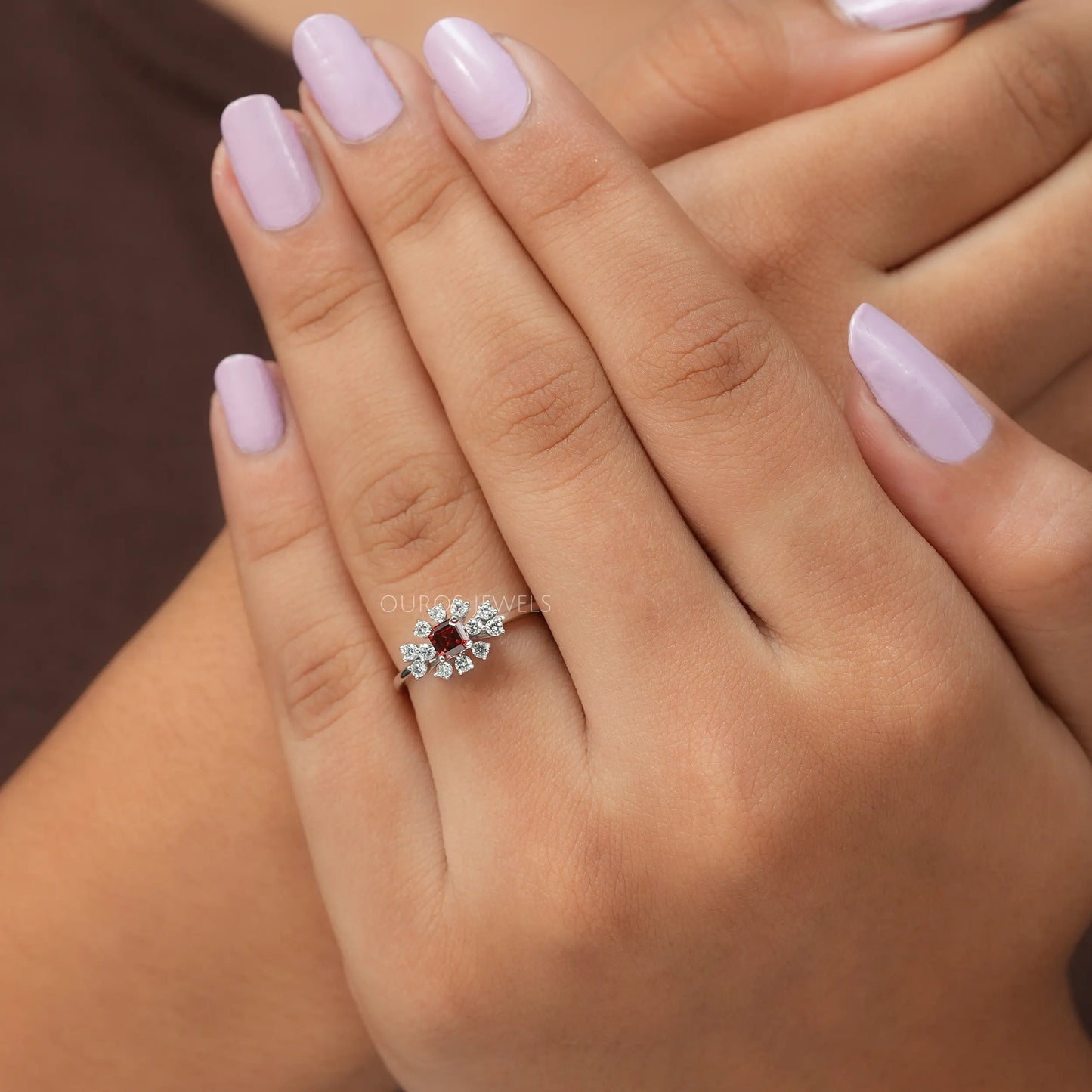 Red Ascher Cut Lab Diamond Halo Ring