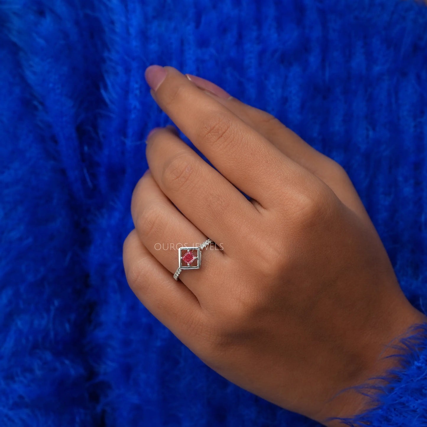 Pink Cushion Cut Solitaire Accent Ring