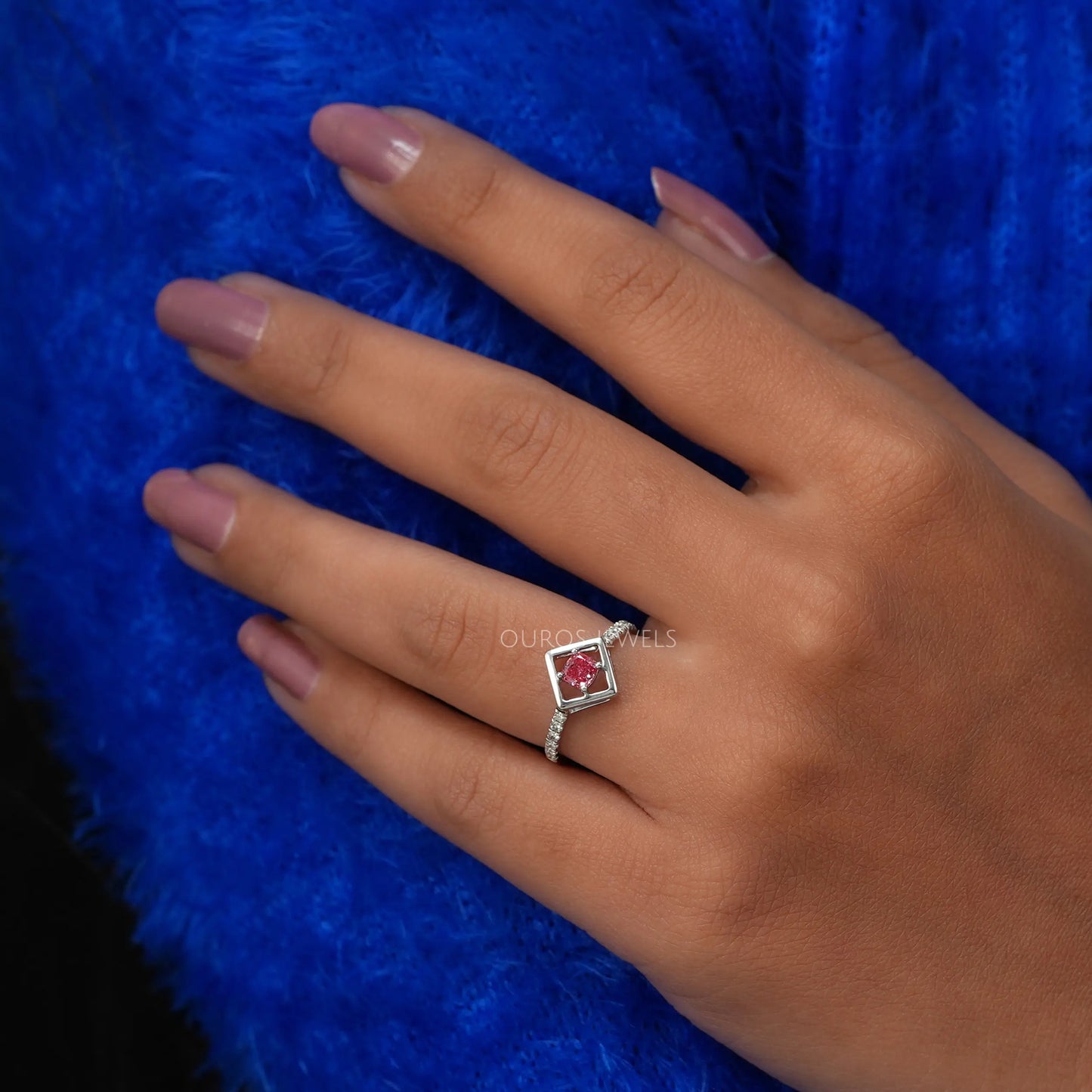 Pink Cushion Cut Solitaire Accent Ring