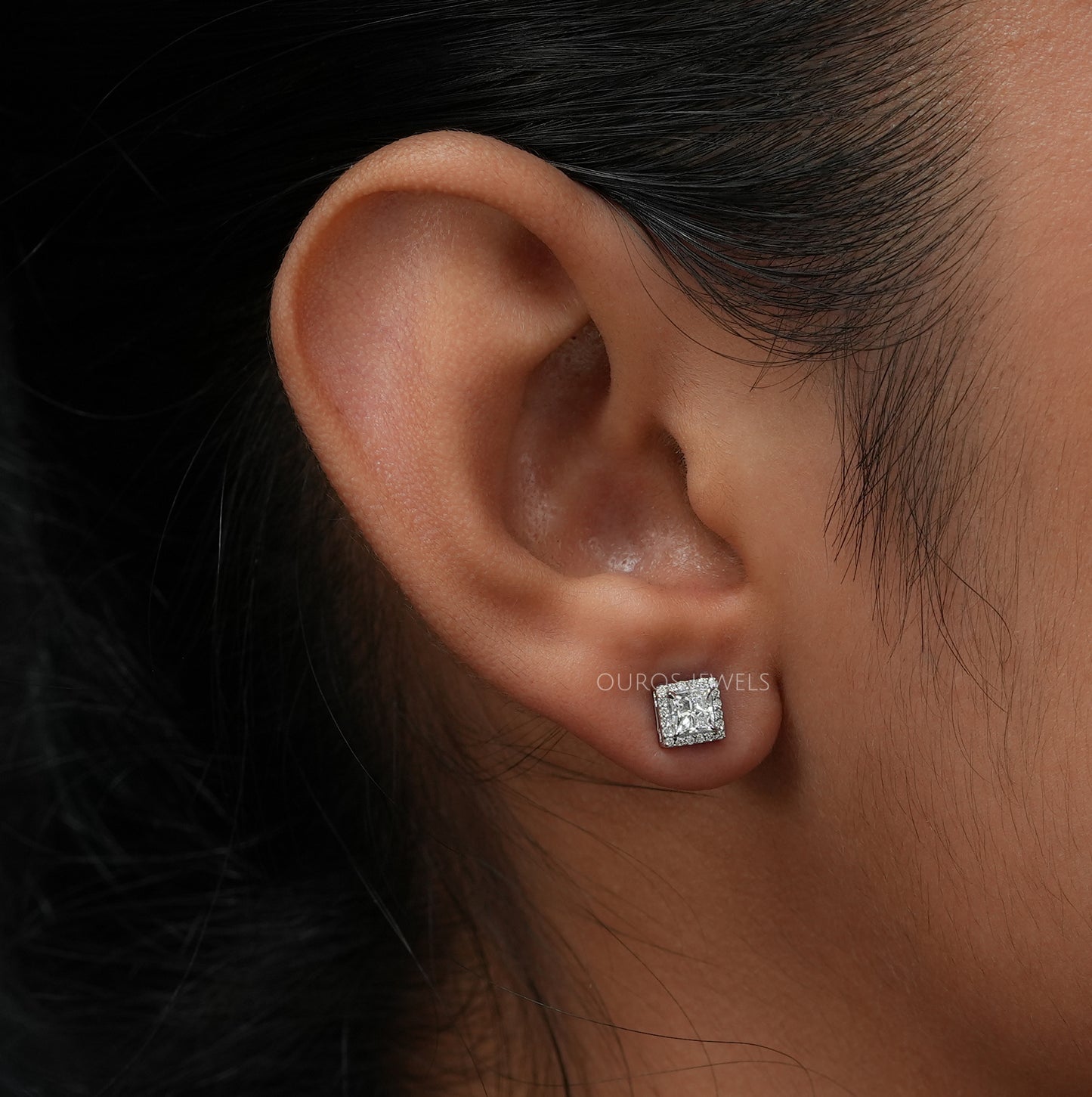 Princess Cut Halo Stud Earrings