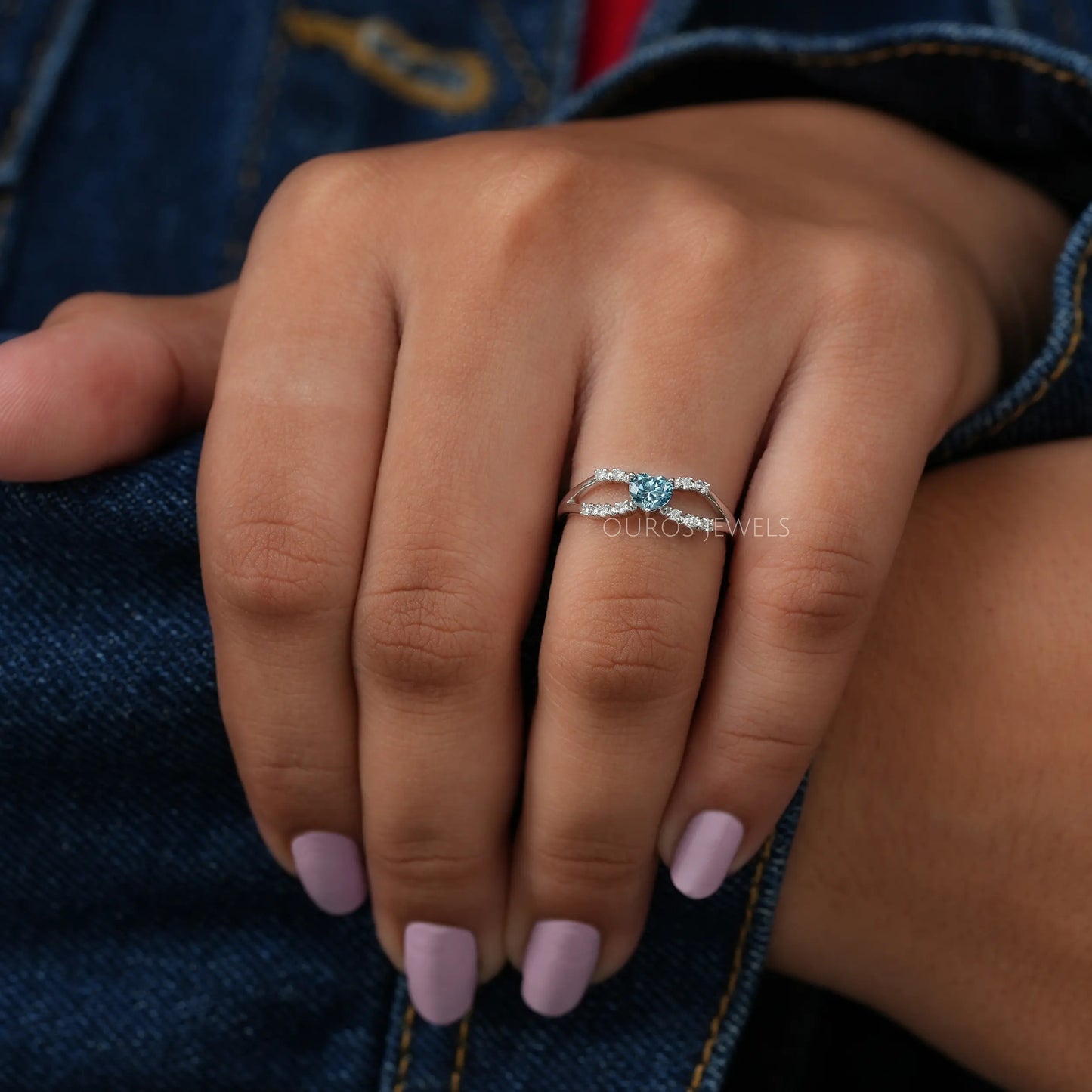 Blue Heart Cut Split Halo Shank Ring