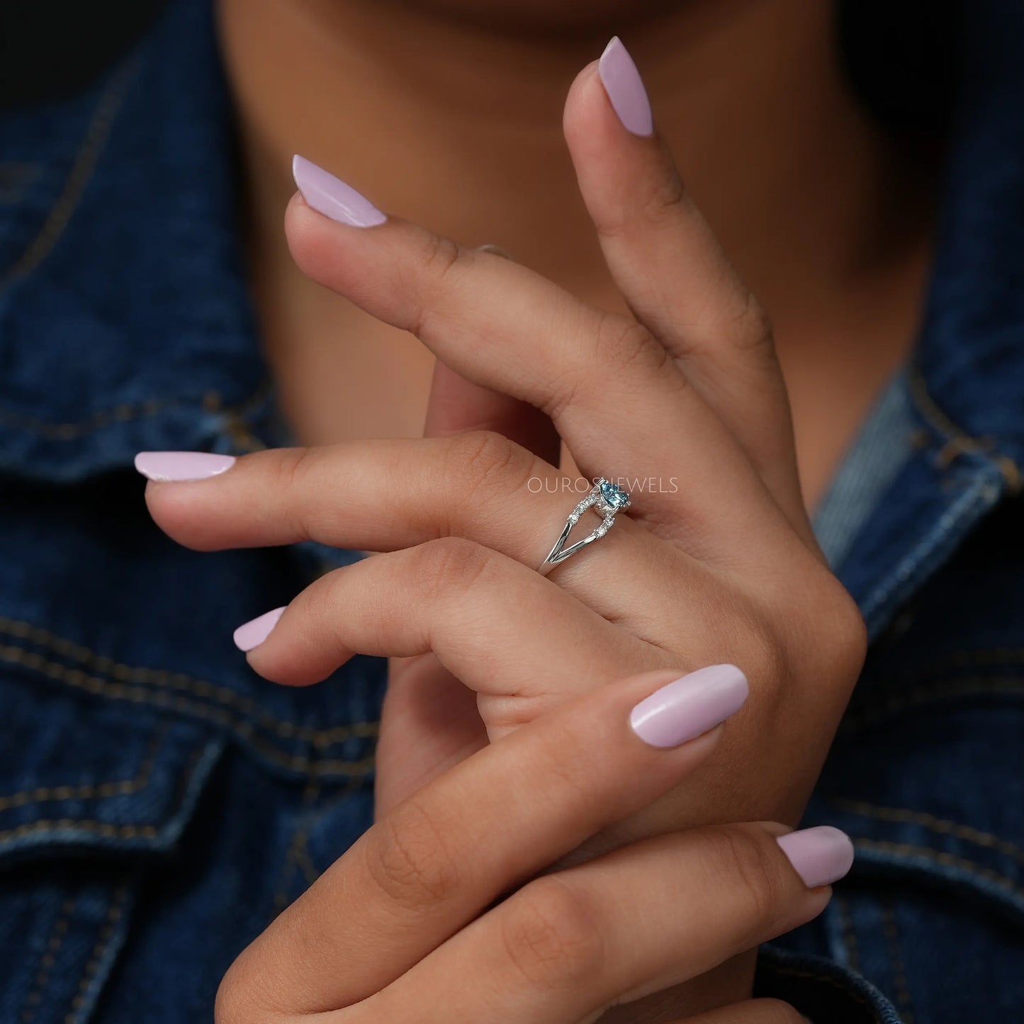 Blue Heart Cut Split Halo Shank Ring