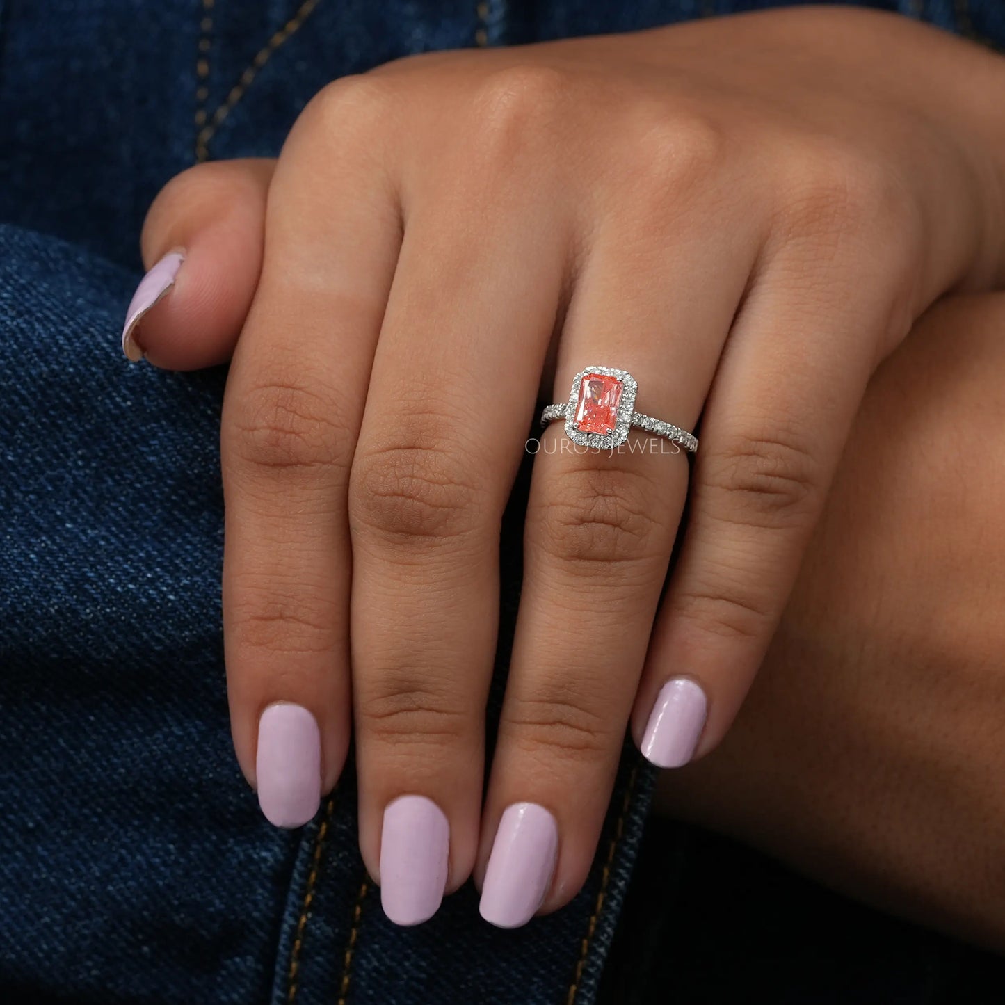 Pink Radiant  Cut Halo  With Accent  Diamond  Ring