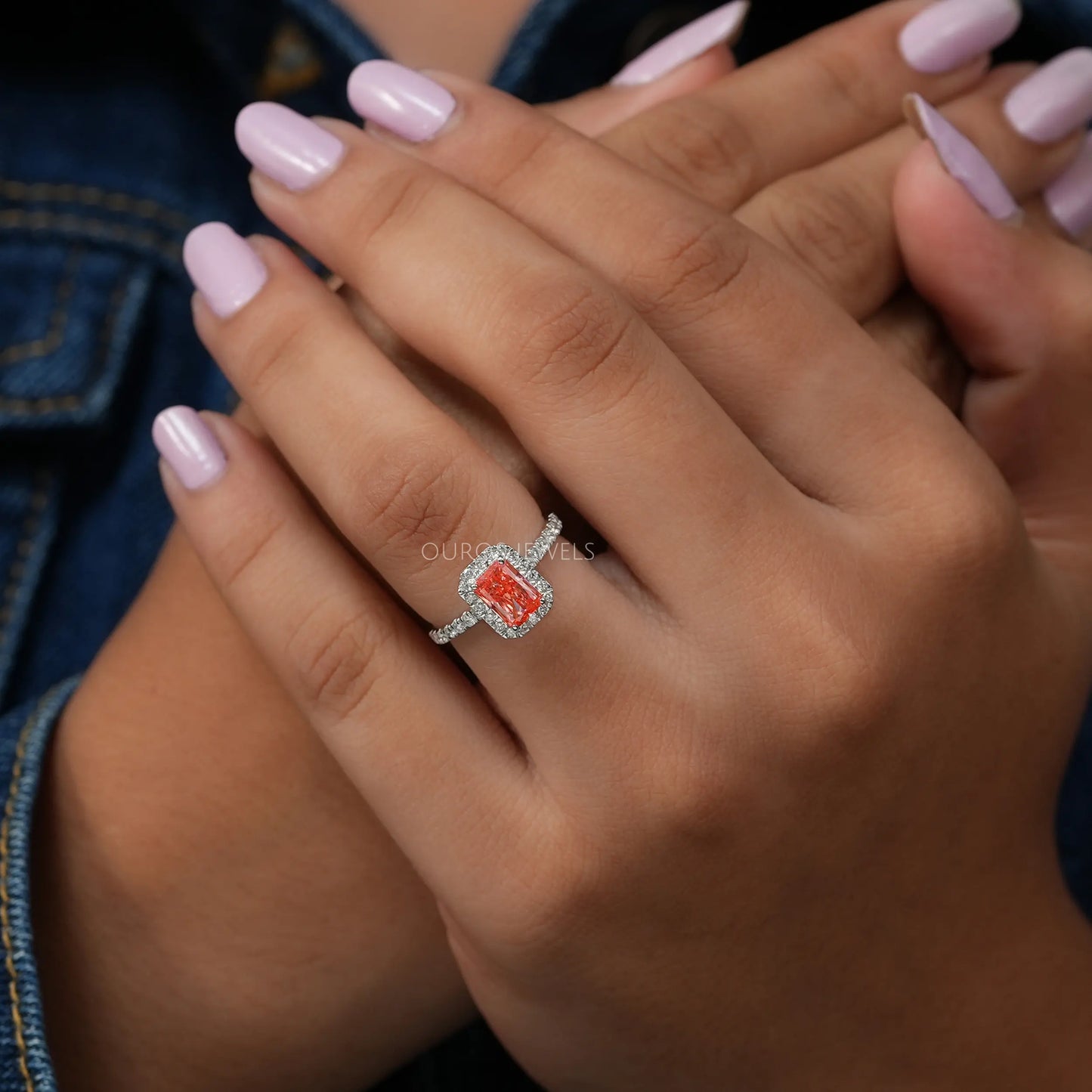 Pink Radiant  Cut Halo  With Accent  Diamond  Ring
