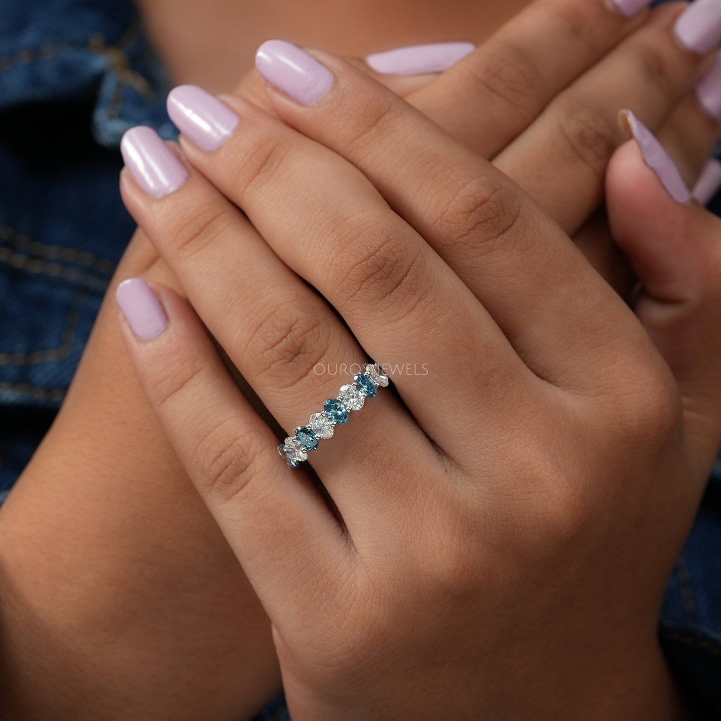 Blue Oval Cut Eternity Wedding Band