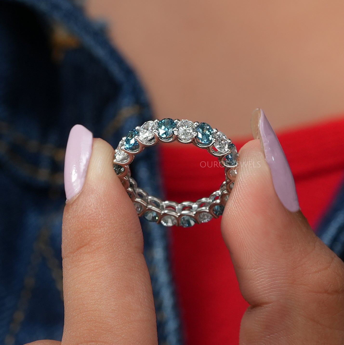Blue Oval Cut Eternity Wedding Band