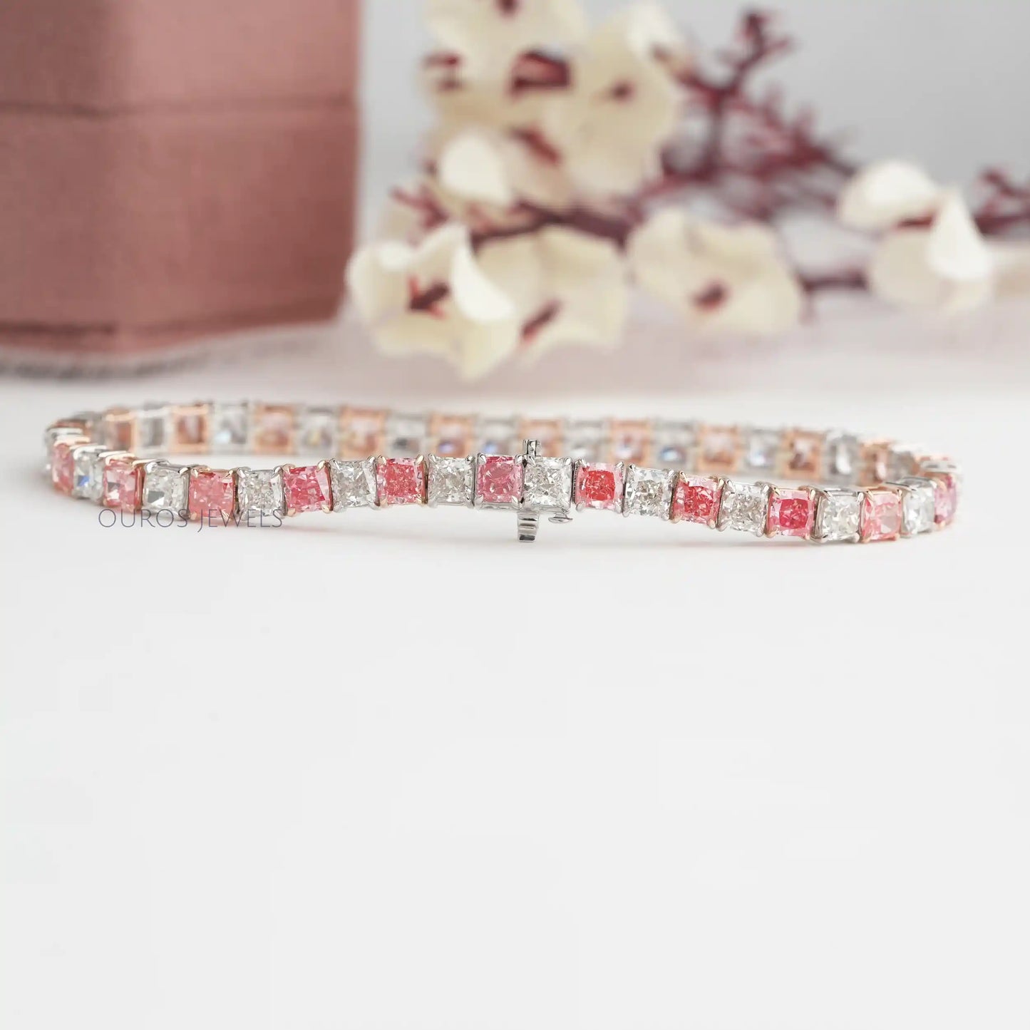 Pink Cushion Cut Diamond Tennis Bracelet