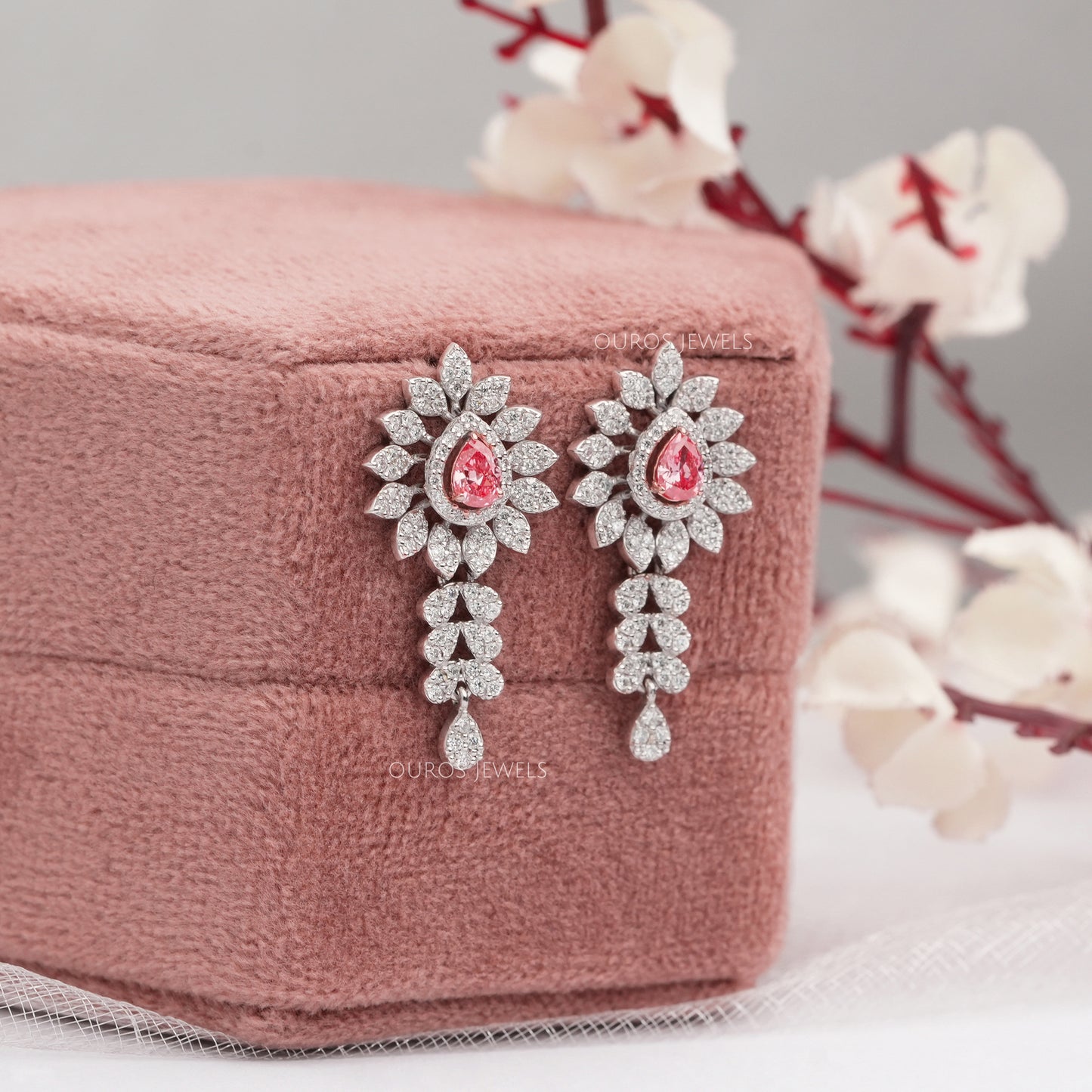 Pink Pear Cut Lab Diamond Bridal Earrings