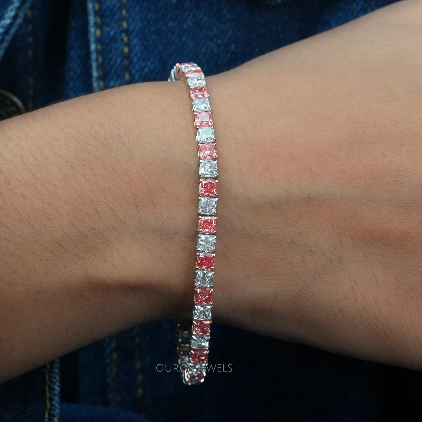 Pink Cushion Cut Diamond Tennis Bracelet