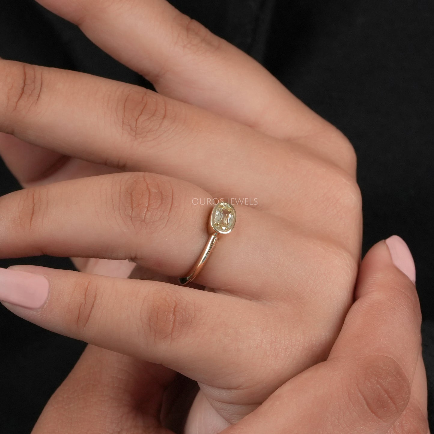 Yellow Old Mine Cushion Diamond Bezel Set Ring