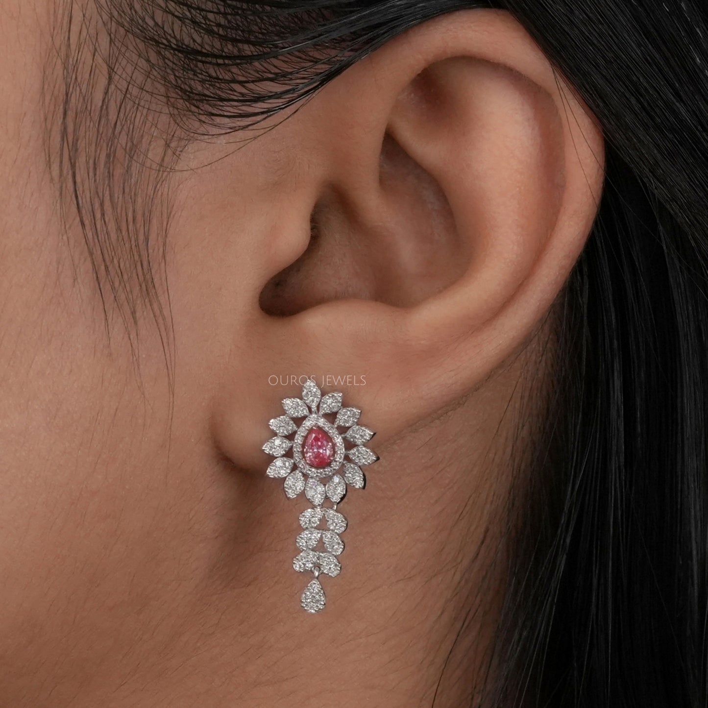 Pink Pear Cut Lab Diamond Bridal Earrings