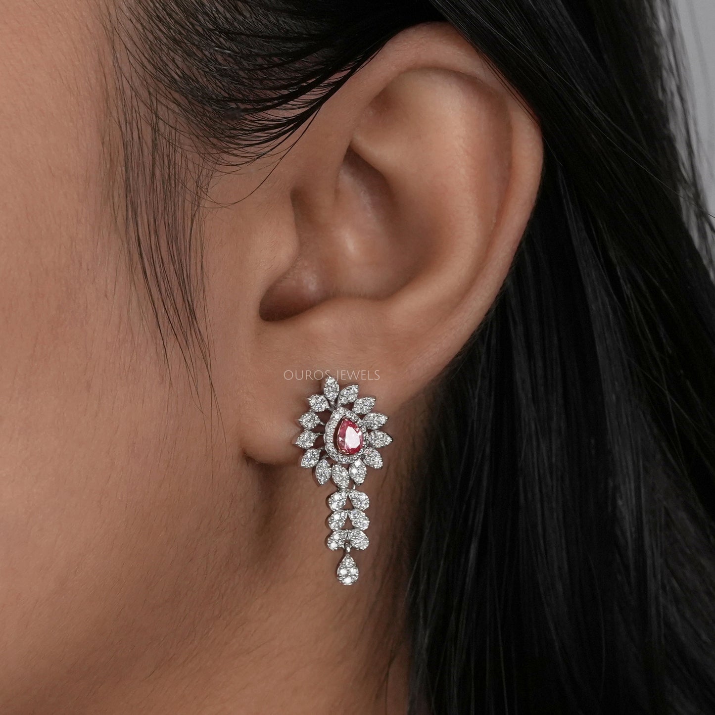 Pink Pear Cut Lab Diamond Bridal Earrings