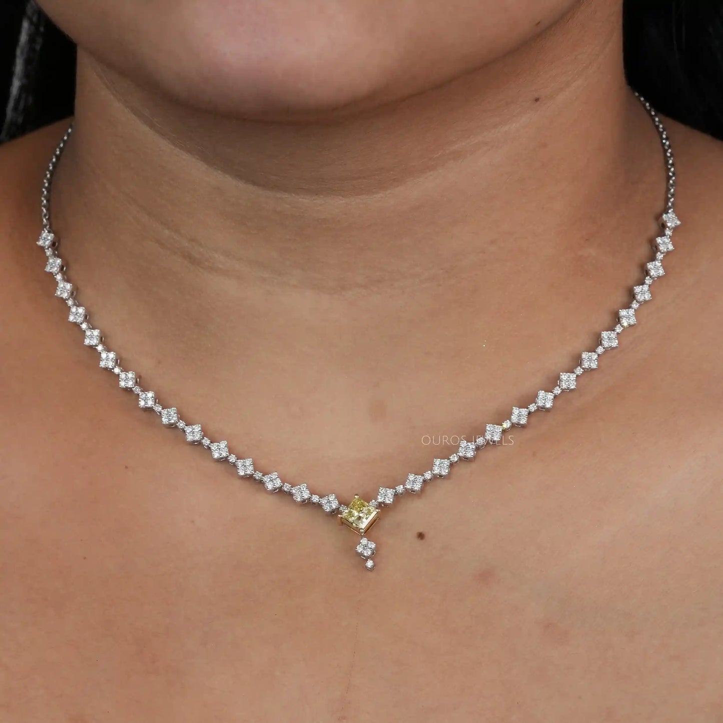 Yellow Princess And  Round Cut Cluster Diamond Necklace