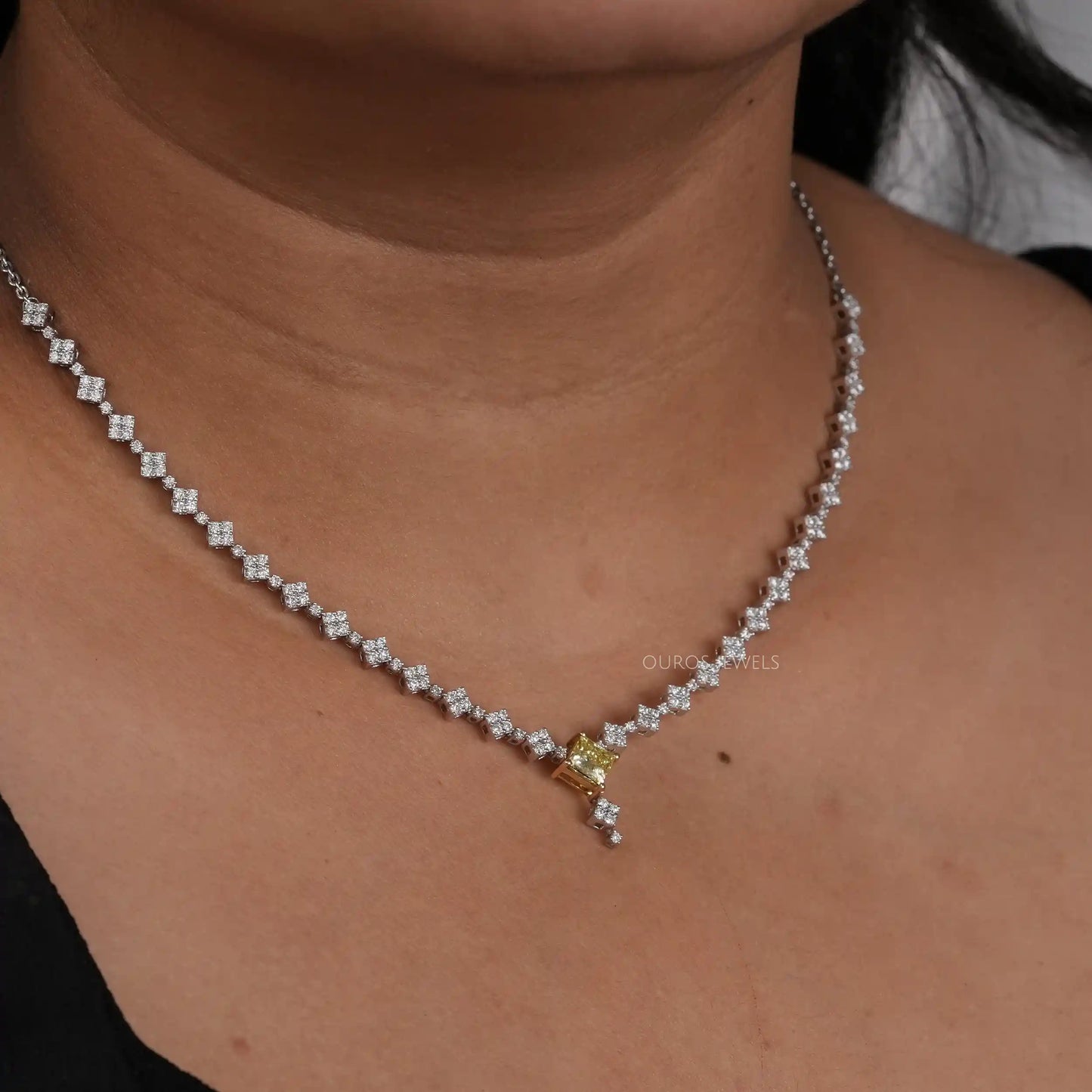 Yellow Princess And  Round Cut Cluster Diamond Necklace