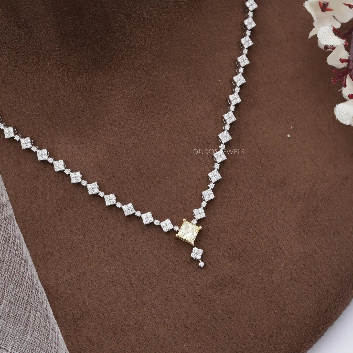 Yellow Princess And  Round Cut Cluster Diamond Necklace