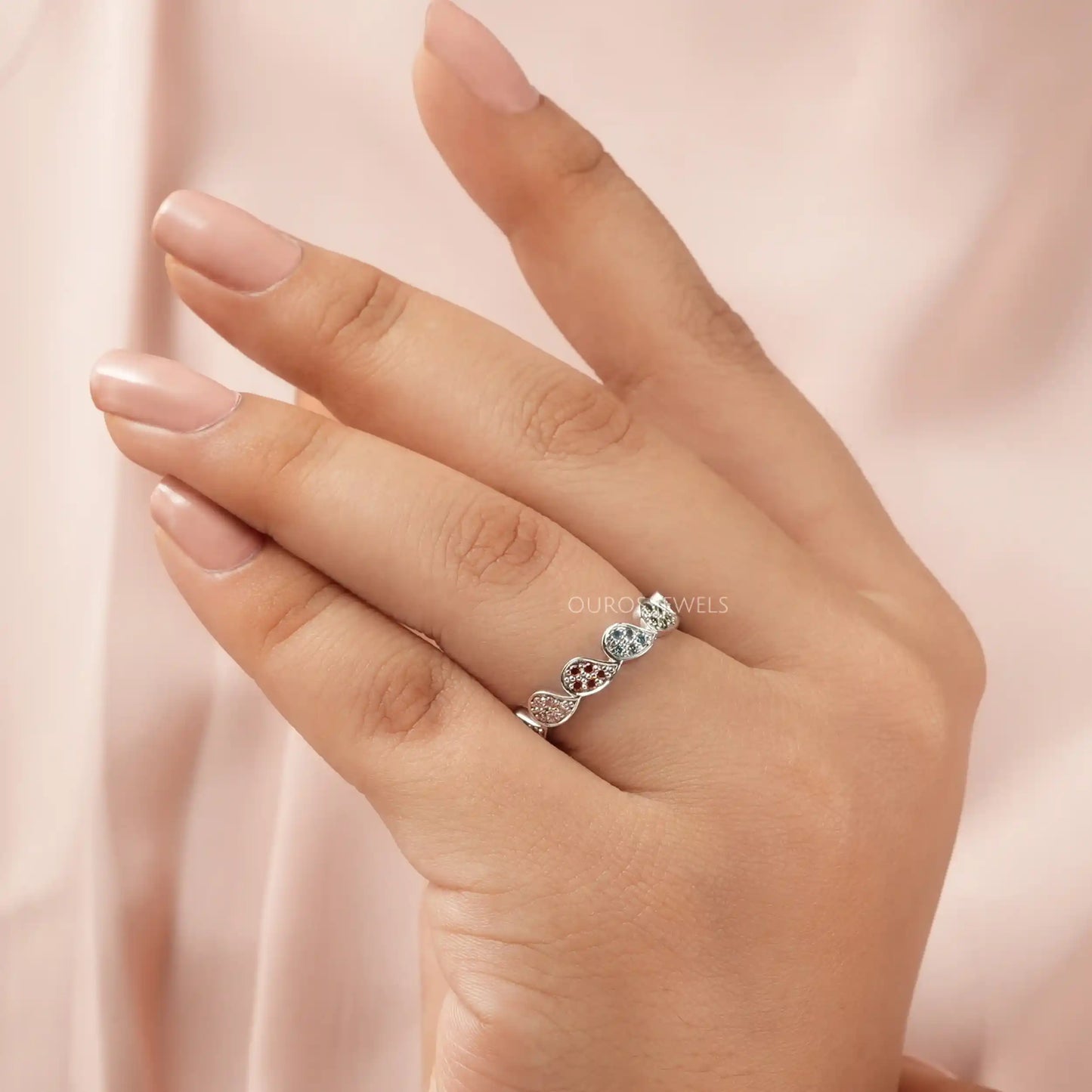 Round Cut Lab Grown Diamond Rainbow Wedding Band