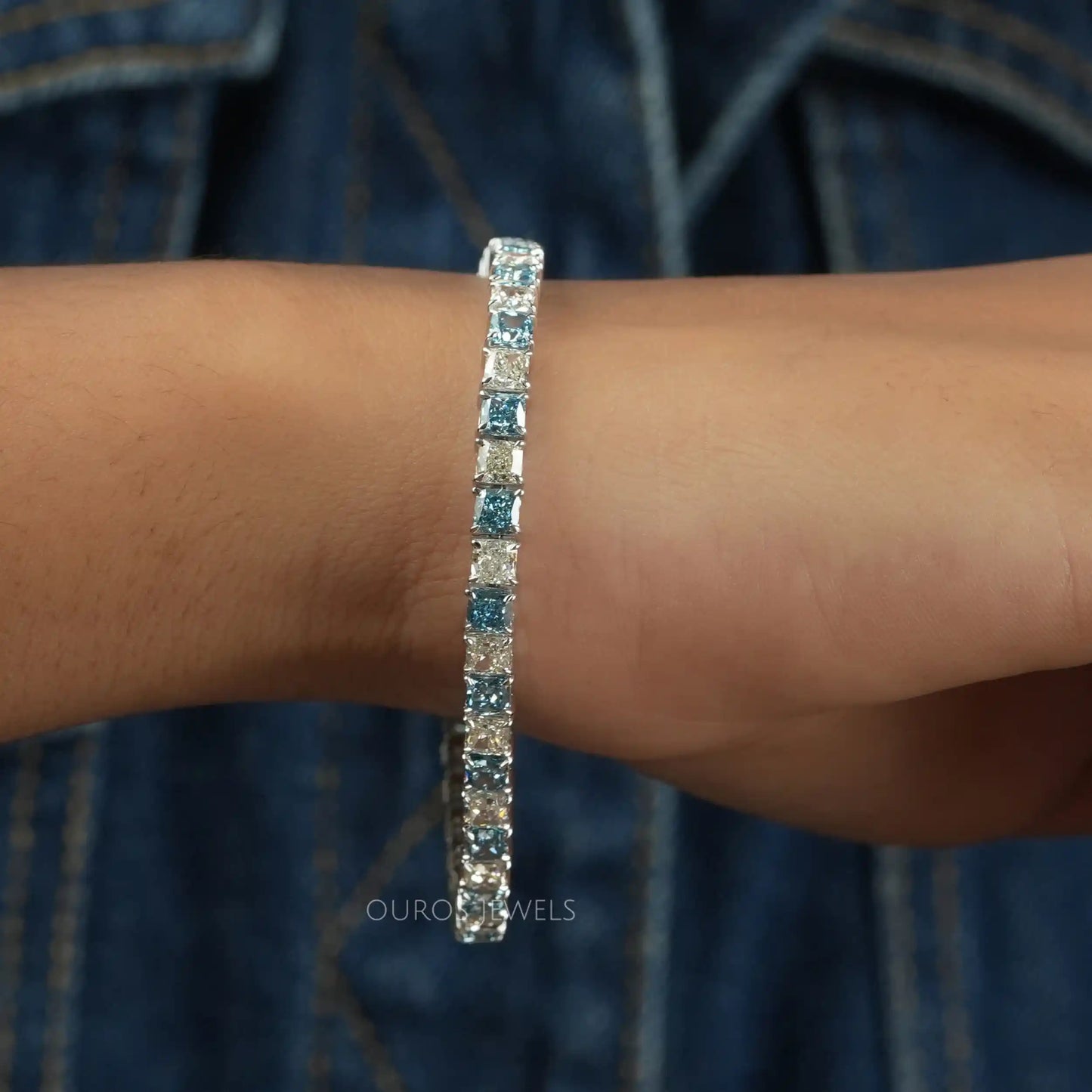 Blue Cushion Cut Lab Grown Diamond Bracelet