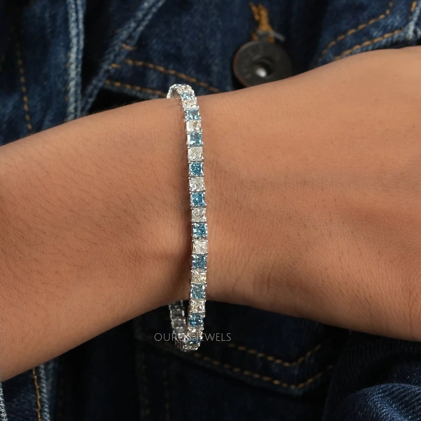 Blue Cushion Cut Lab Grown Diamond Bracelet