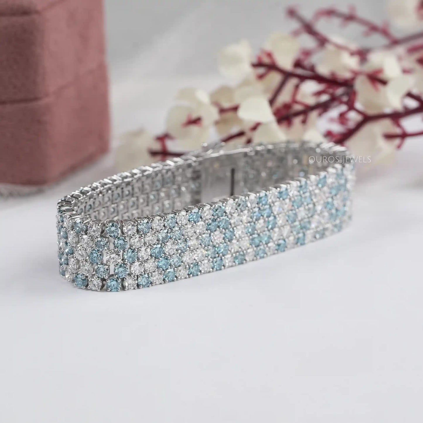 Blue & Round Cut Lab Diamond Wide Bracelet