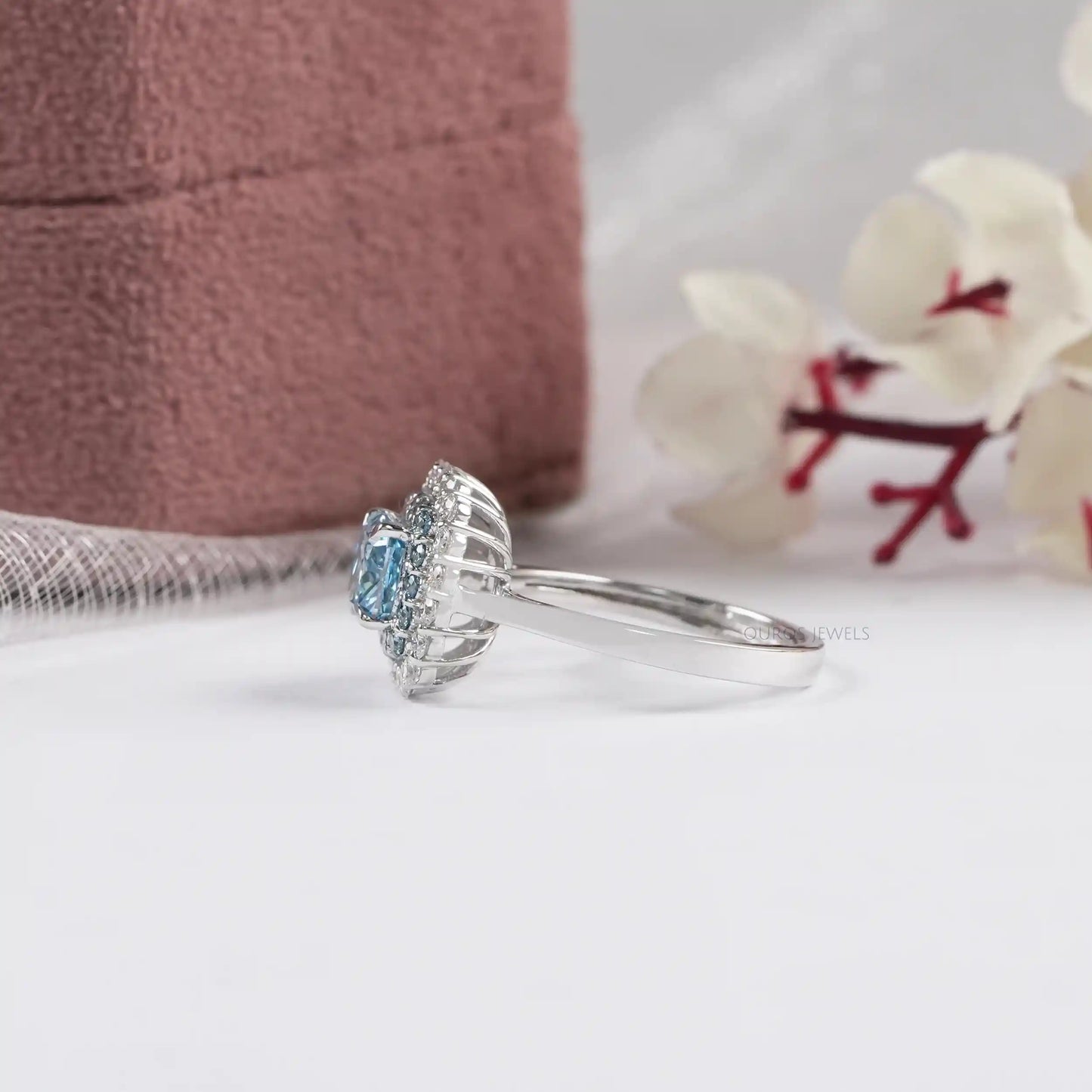Double Halo Blue Cushion Cut Lab Diamond Engagement Ring