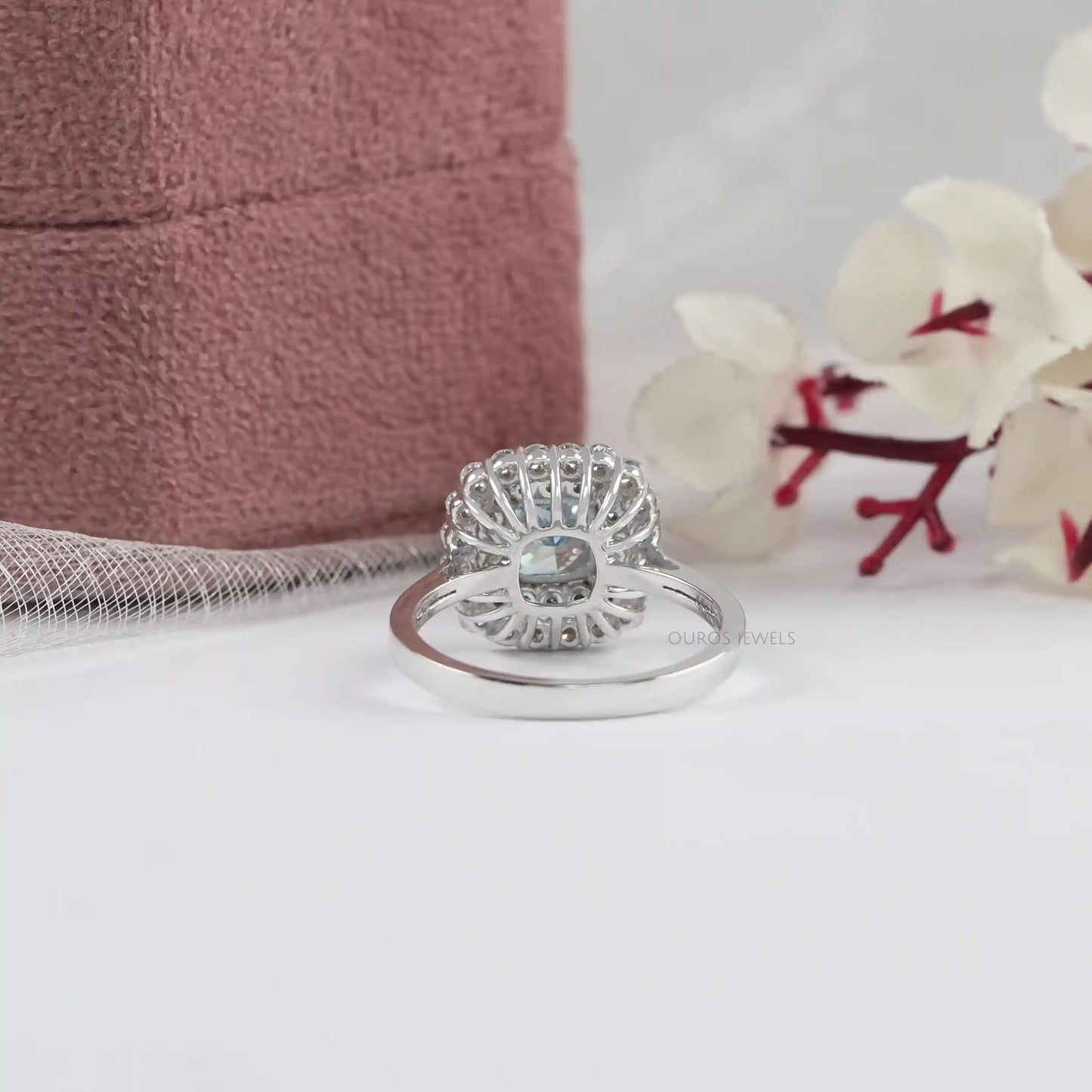 Double Halo Blue Cushion Cut Lab Diamond Engagement Ring