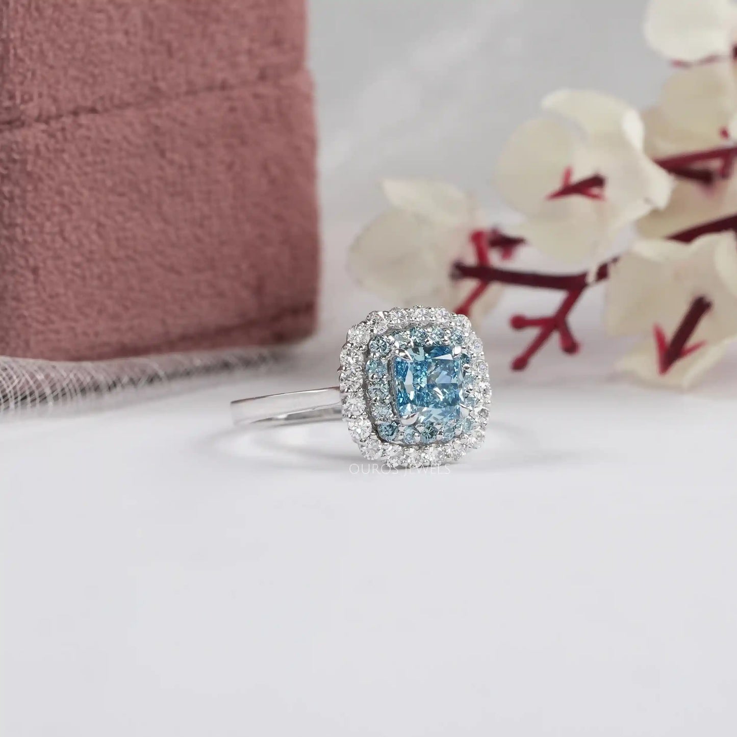 Double Halo Blue Cushion Cut Lab Diamond Engagement Ring