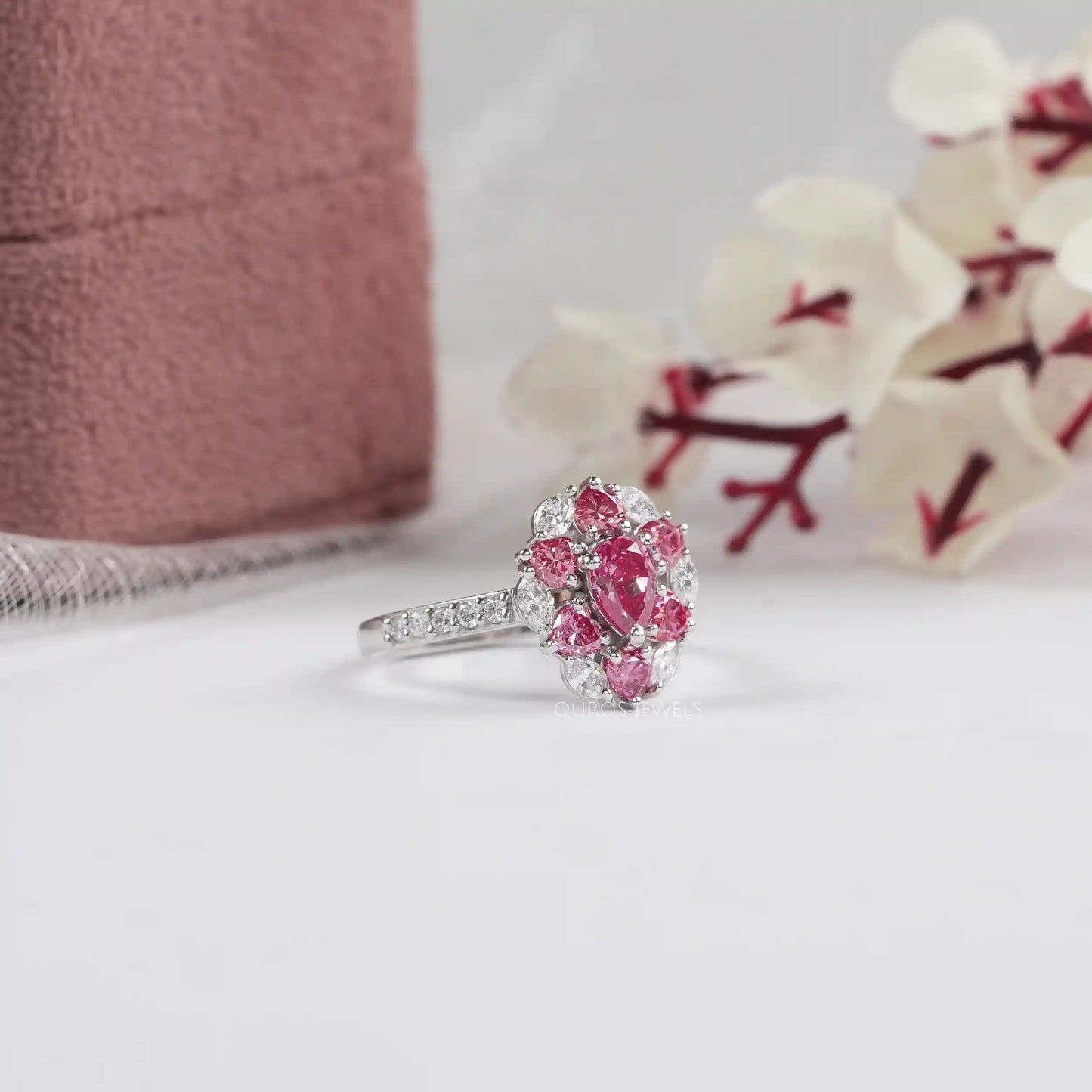 Pink Heart & Marquise Cut Halo Diamond  Engagement  Ring