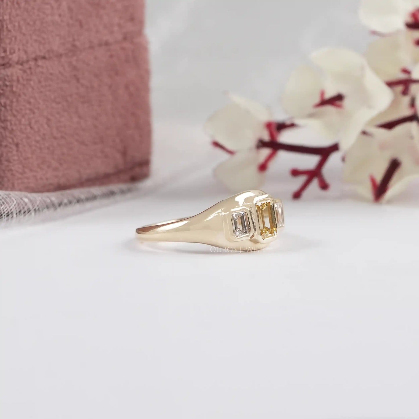 Yellow Emerald Cut Bezel Set Wedding Ring