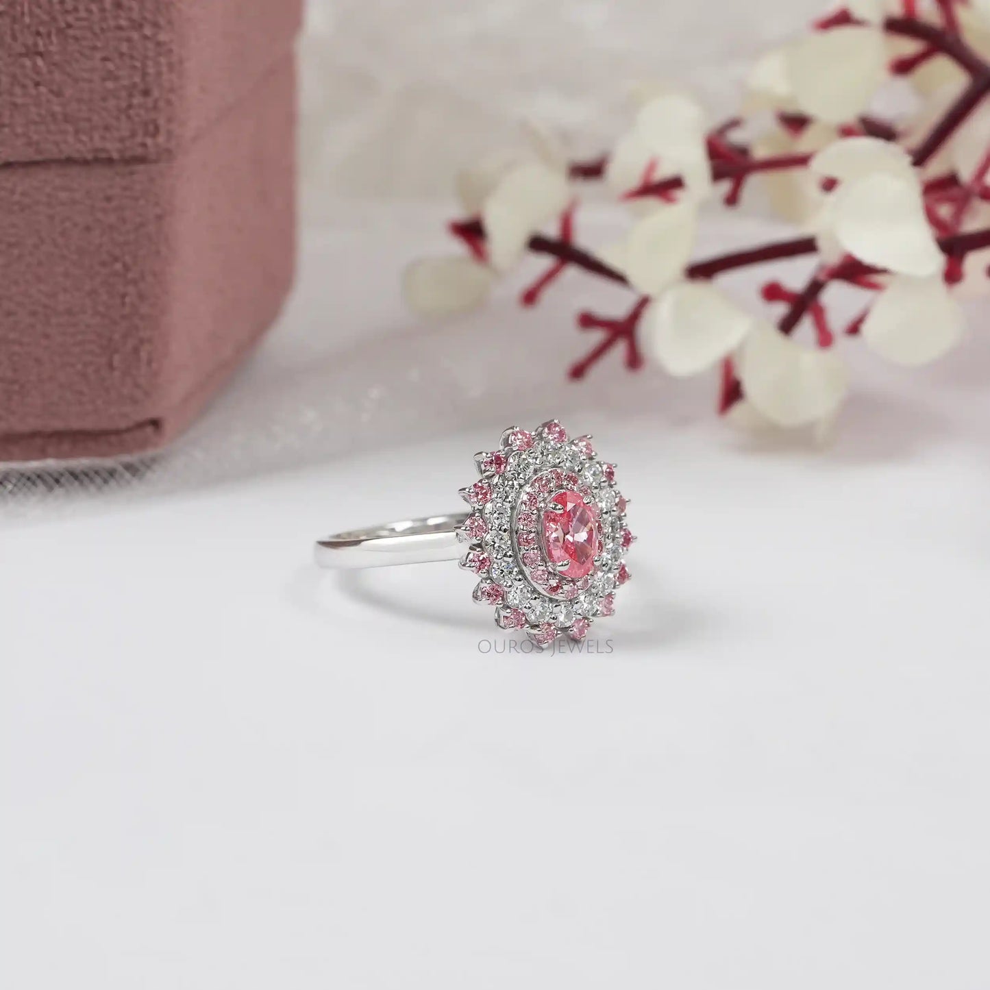 Pink Oval Cut Halo Diamond Engagement Ring