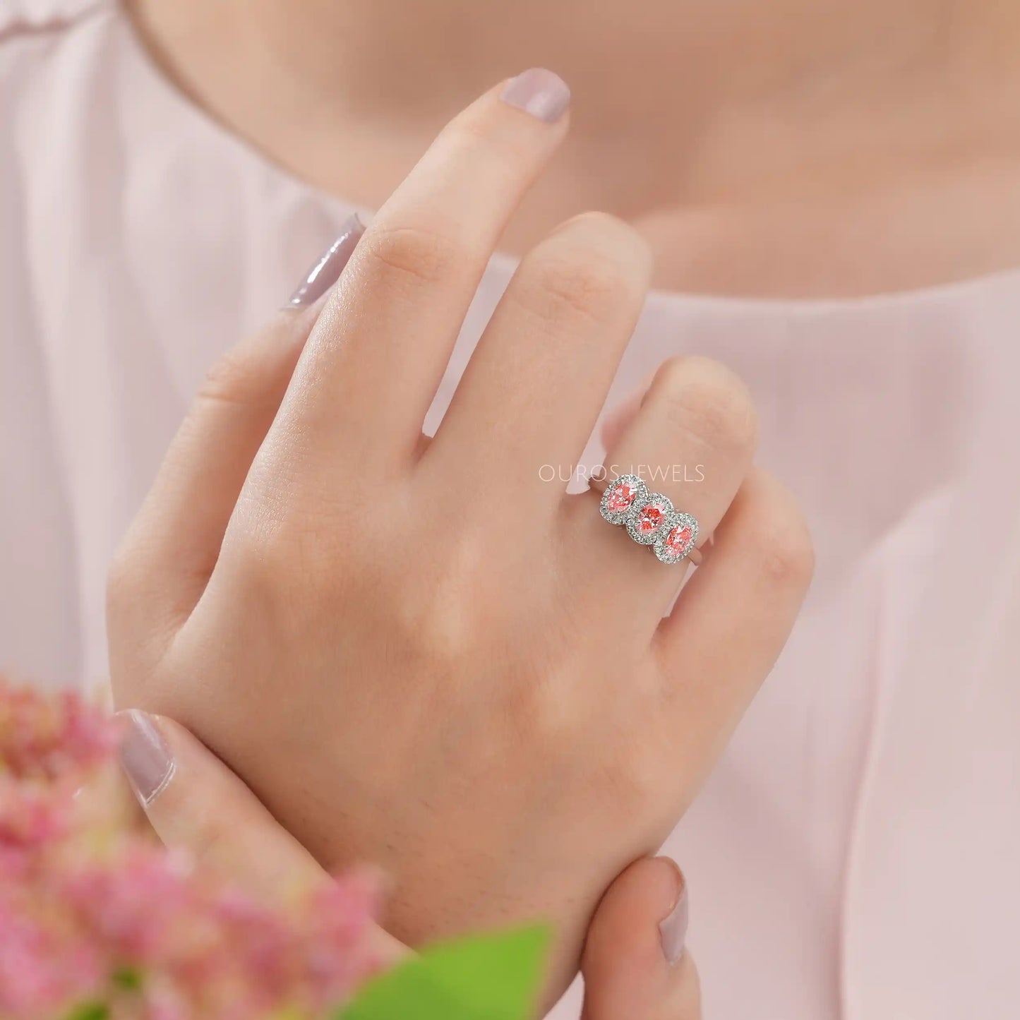 Pink Oval Halo Engagement Ring