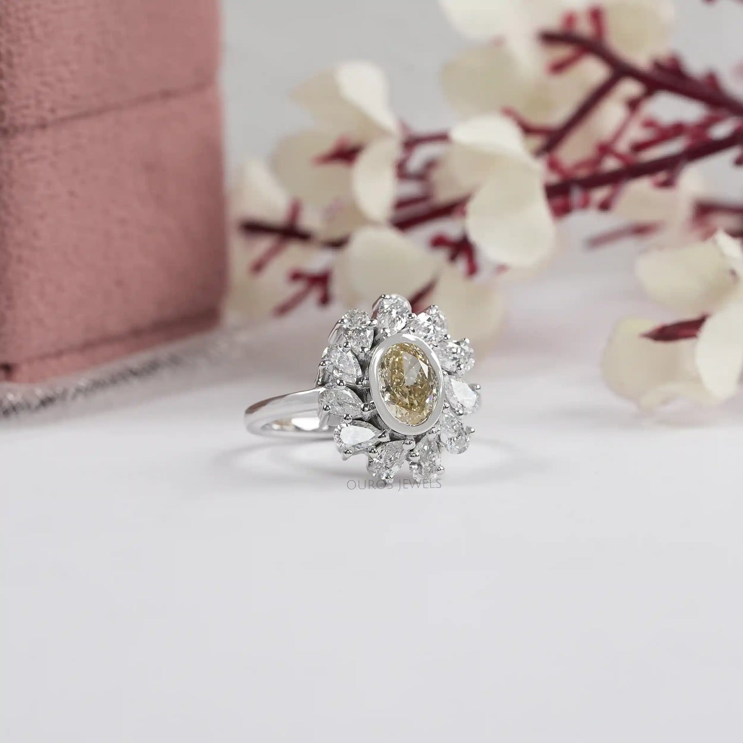 Yellow Oval Bezel Set Halo  Pear Engagement  Ring