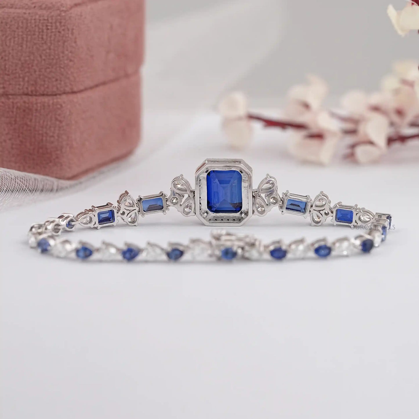 Blue Sapphire Emerald Cut Lab Grown Gemstone Bracelet