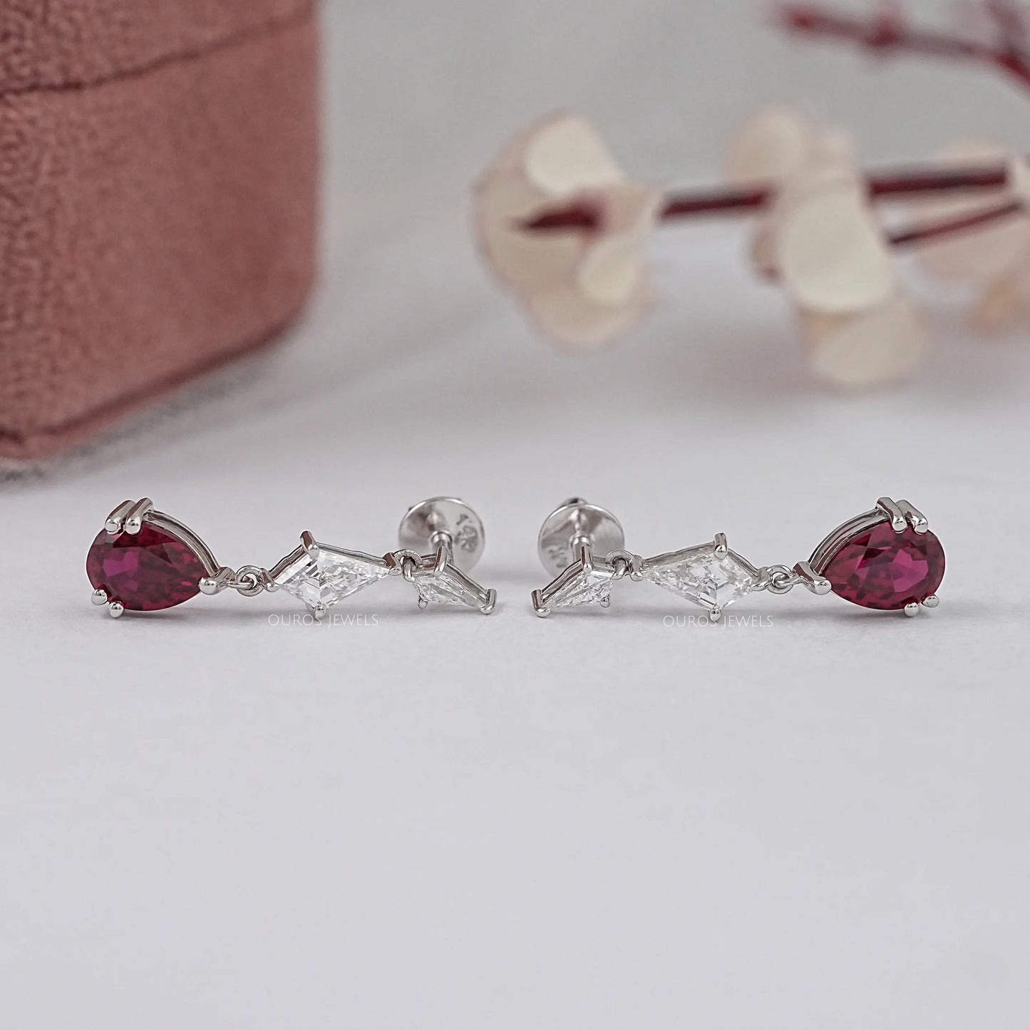 Red Ruby Pear Cut Lab Diamond Earring