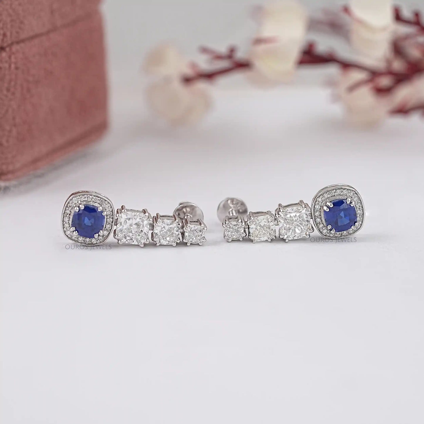 Blue Cushion Cut Drop Dangle Earring