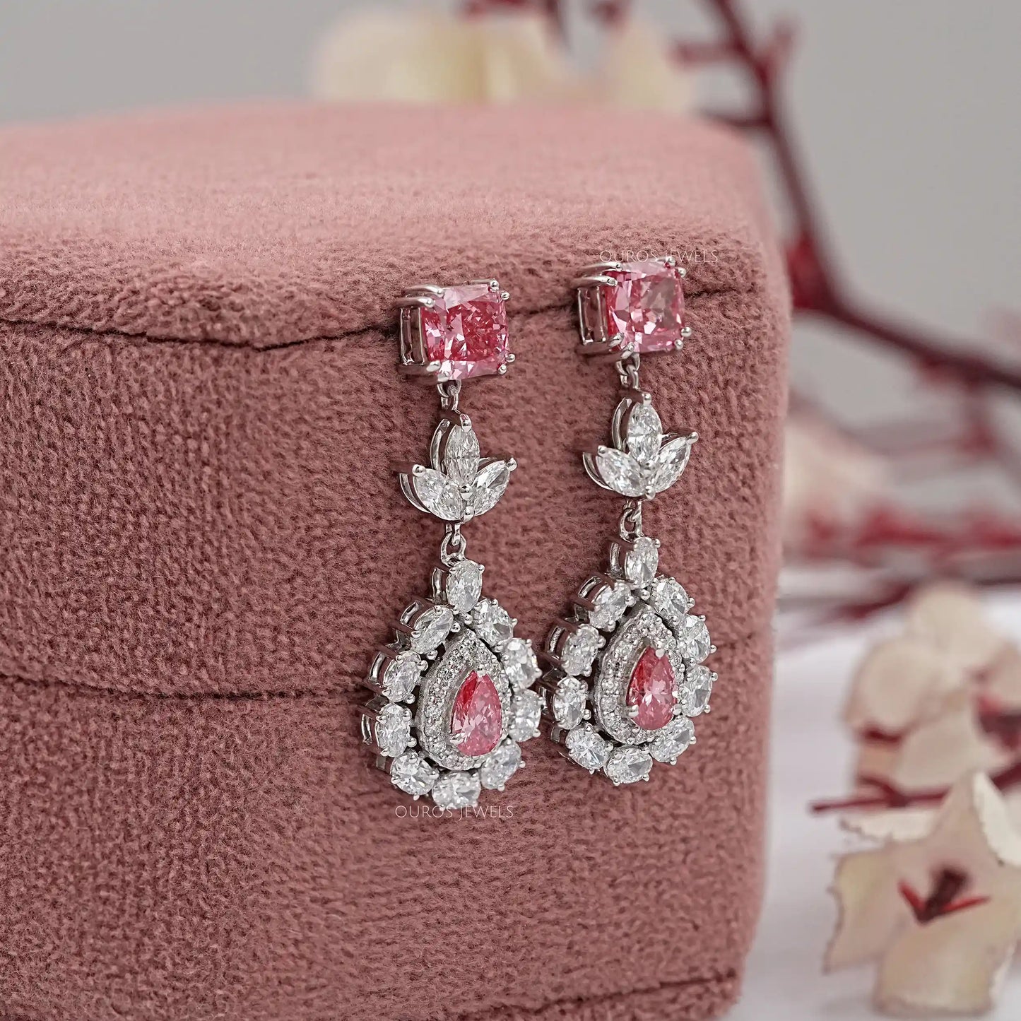 Pink Cushion And Pear Cut Drop Dangle Earring