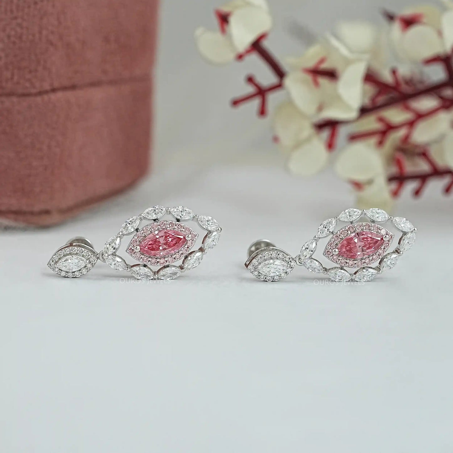 Fancy Pink Marquise Cut Double Halo Earrings
