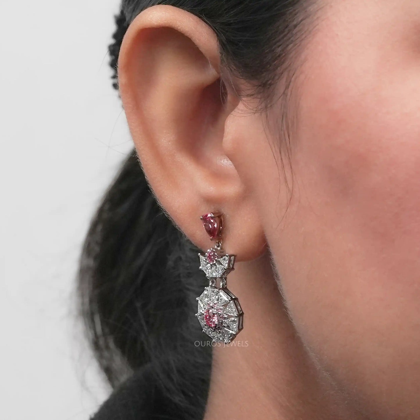 Pink Pear And Triangle Cut Lab Diamond Chandelier Earrings