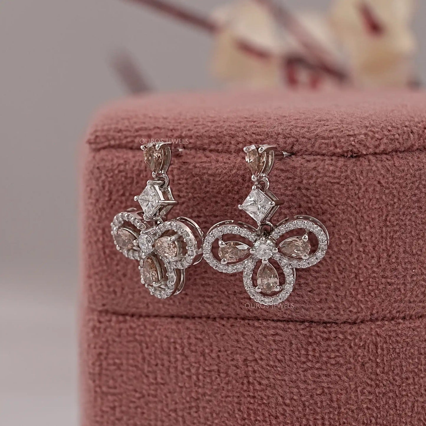Flower Shape Pear Cut Chocolate Lab Diamond Earring