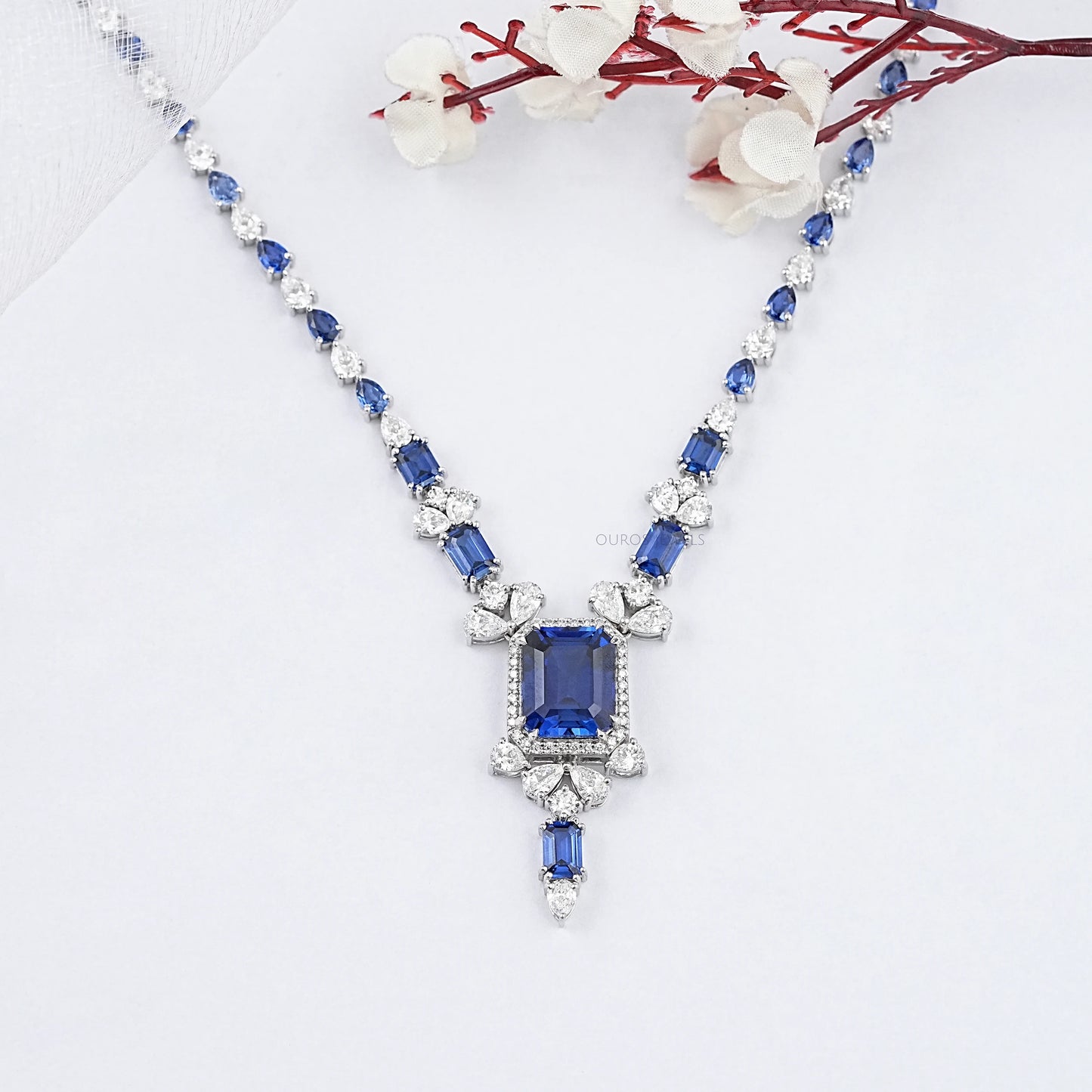 Blue Sapphire Emerald Cut Gemstone Necklace