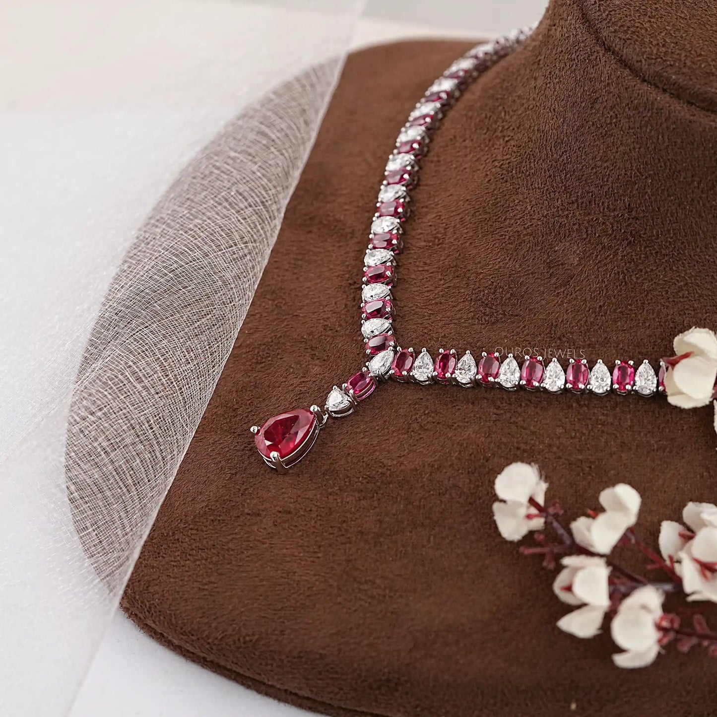 Red Ruby Oval Cut Lab Diamond Necklace