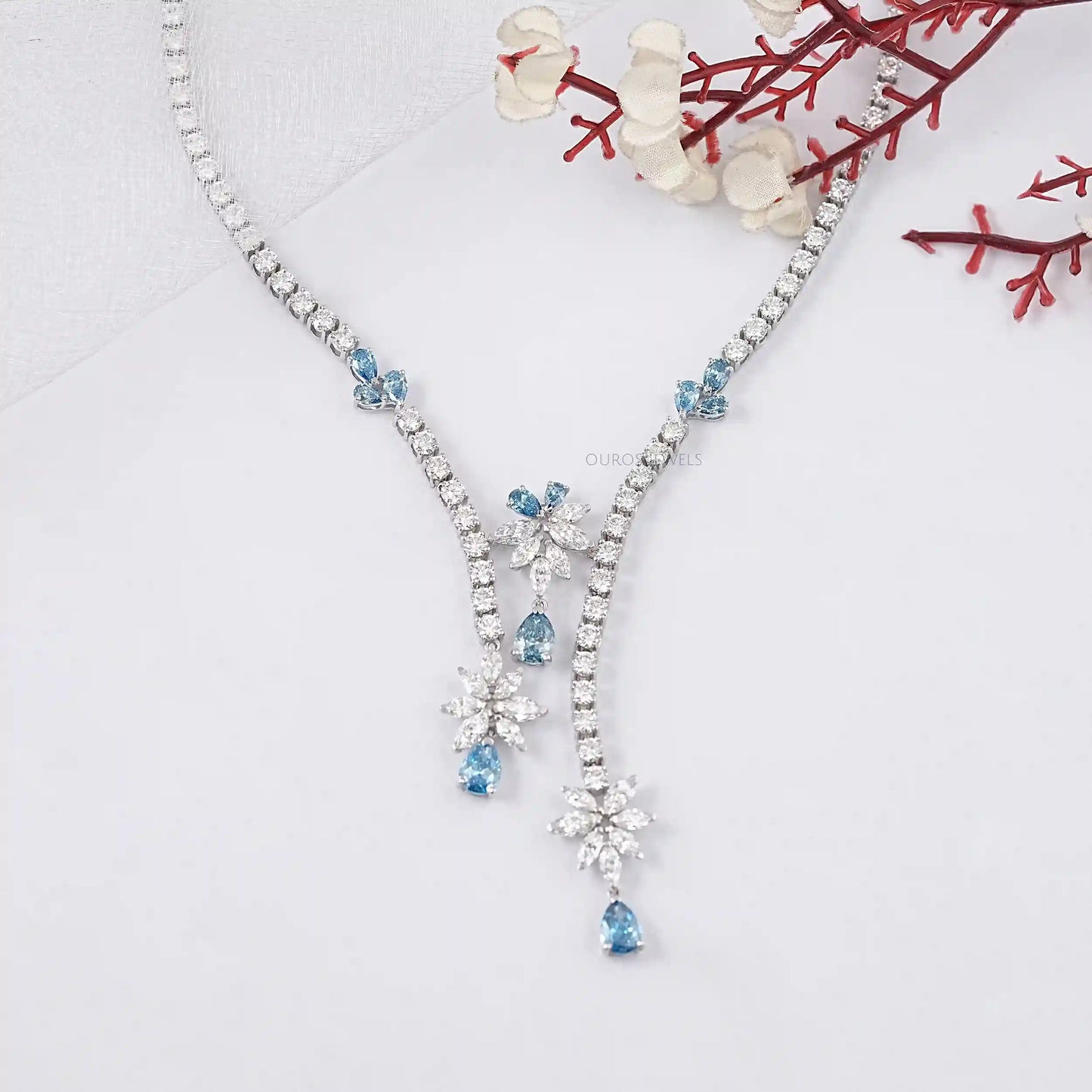Blue Pear Cut Lab Diamond Necklace