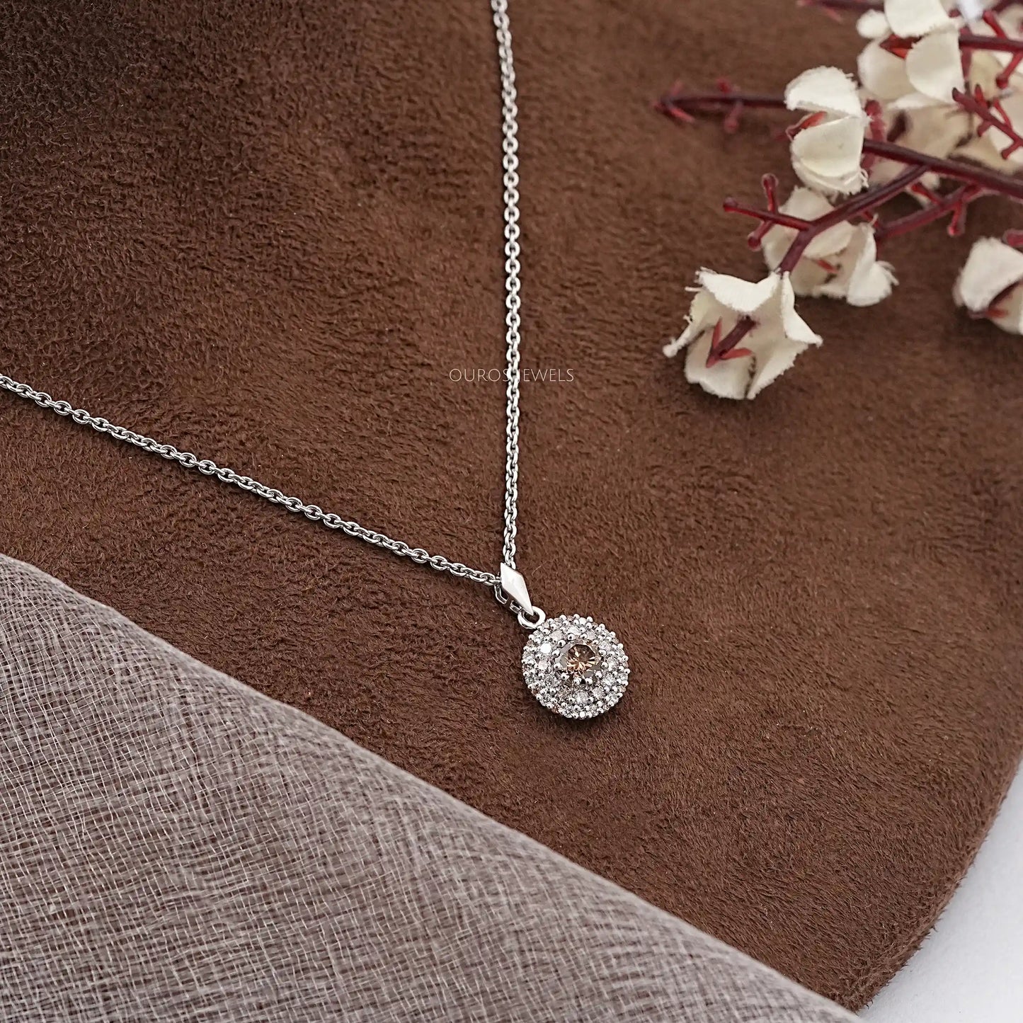 Chocolate Round Cut Halo Diamond Pendant